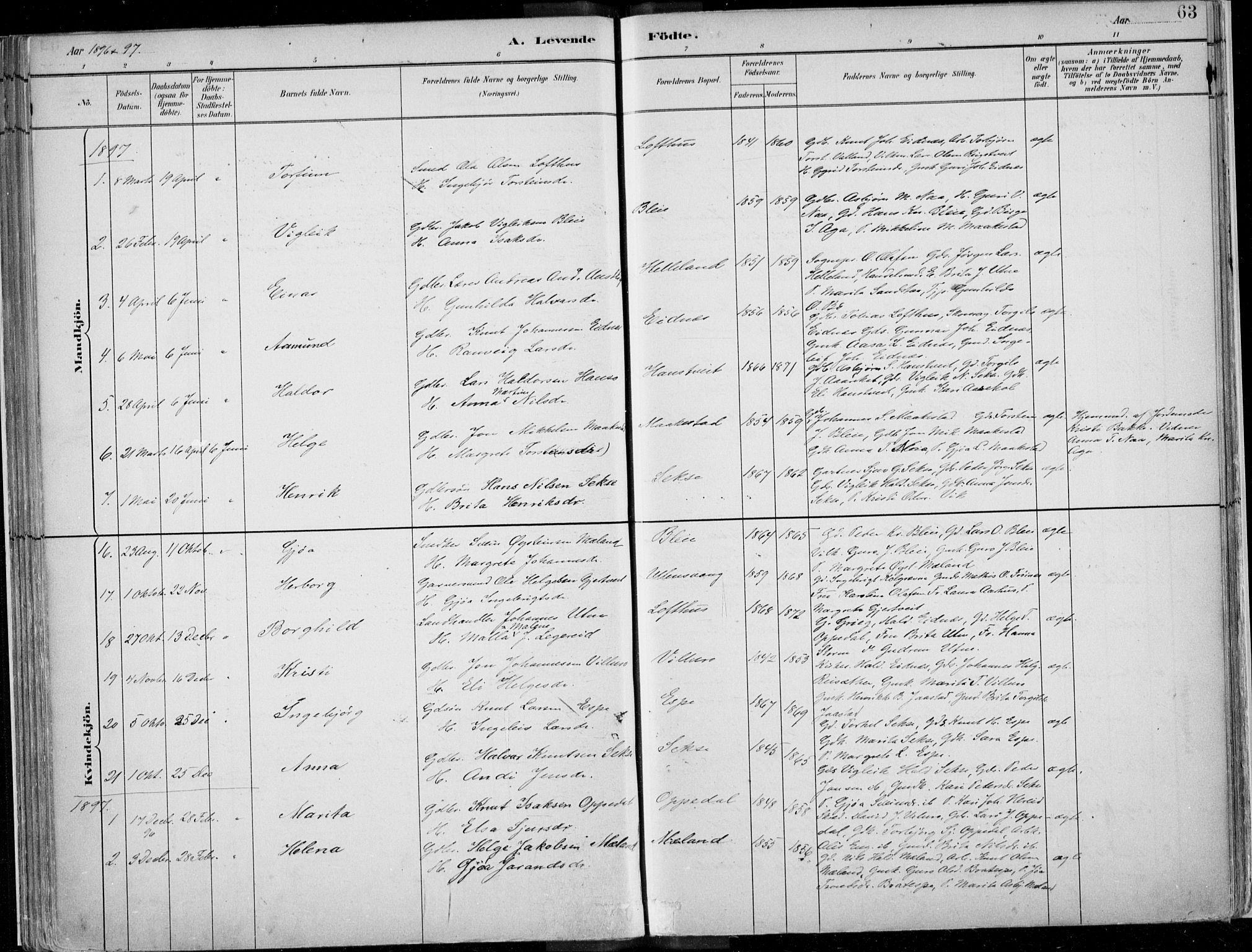 Ullensvang sokneprestembete, SAB/A-78701/H/Haa: Parish register (official) no. B  1, 1882-1918, p. 63