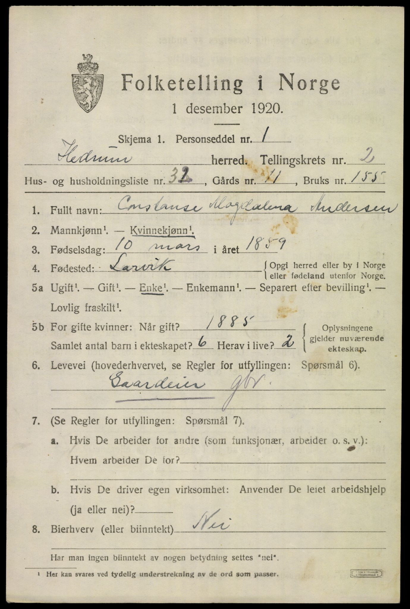 SAKO, 1920 census for Hedrum, 1920, p. 2833