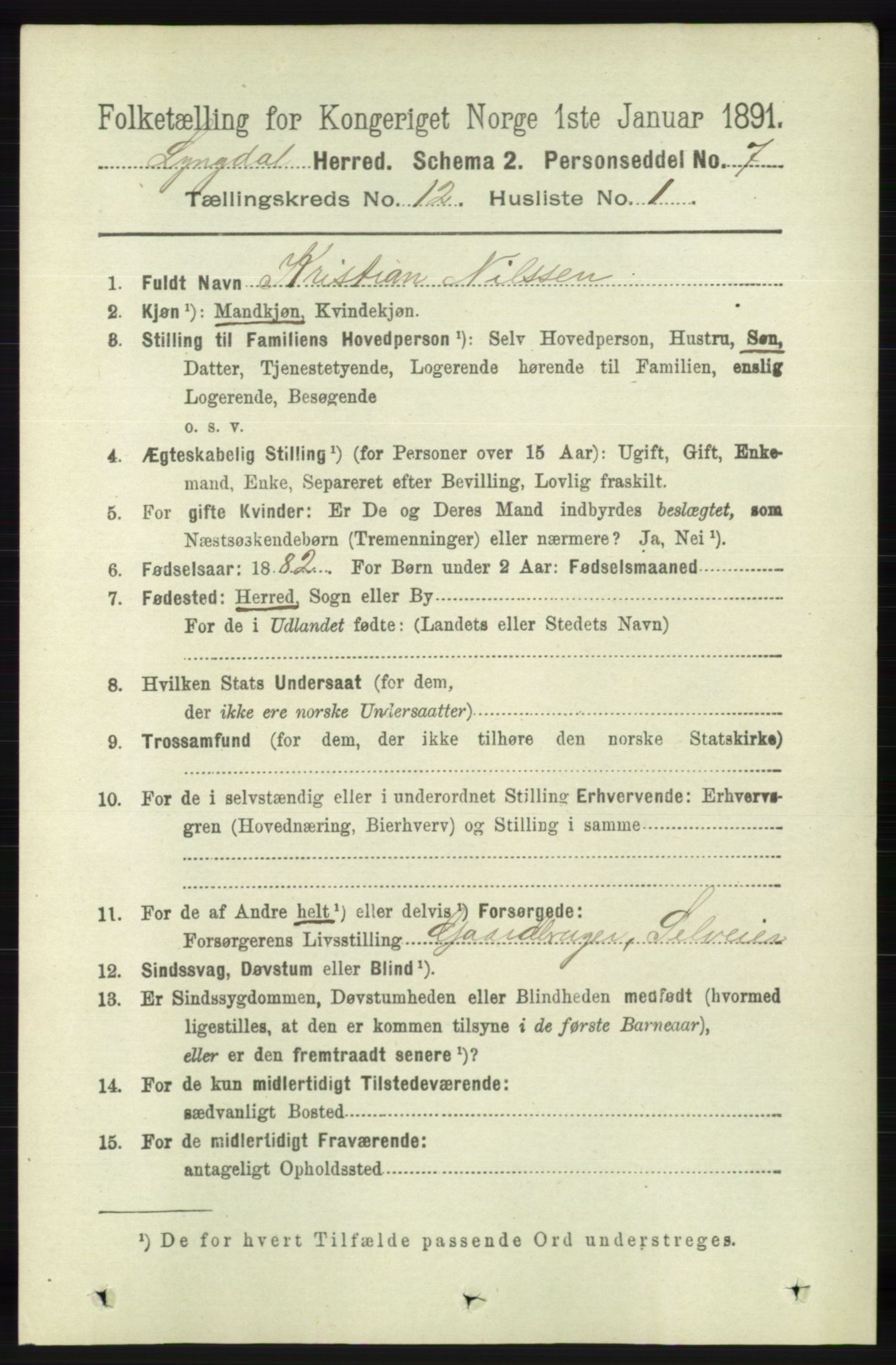 RA, 1891 census for 1032 Lyngdal, 1891, p. 5263