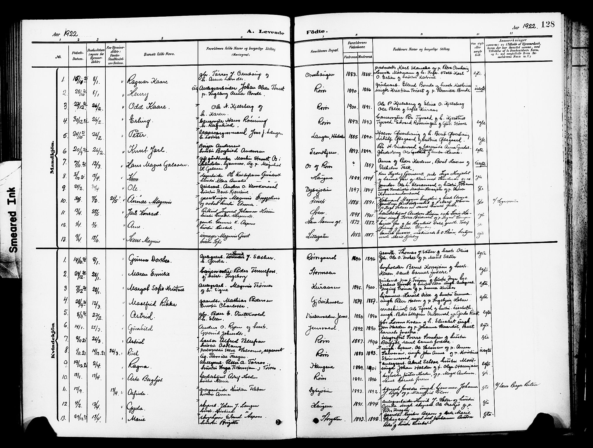 Ministerialprotokoller, klokkerbøker og fødselsregistre - Sør-Trøndelag, SAT/A-1456/681/L0942: Parish register (copy) no. 681C06, 1906-1925, p. 128