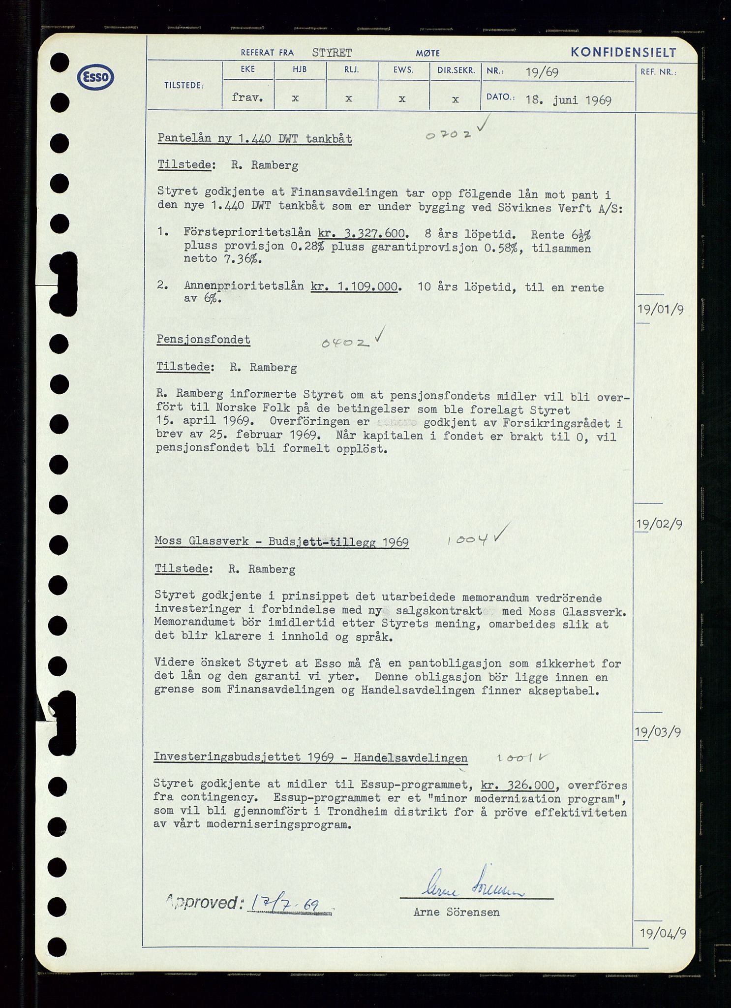 Pa 0982 - Esso Norge A/S, AV/SAST-A-100448/A/Aa/L0003/0001: Den administrerende direksjon Board minutes (styrereferater) og Bedriftforsamlingsprotokoll / Den administrerende direksjon Board minutes (styrereferater), 1969, p. 21