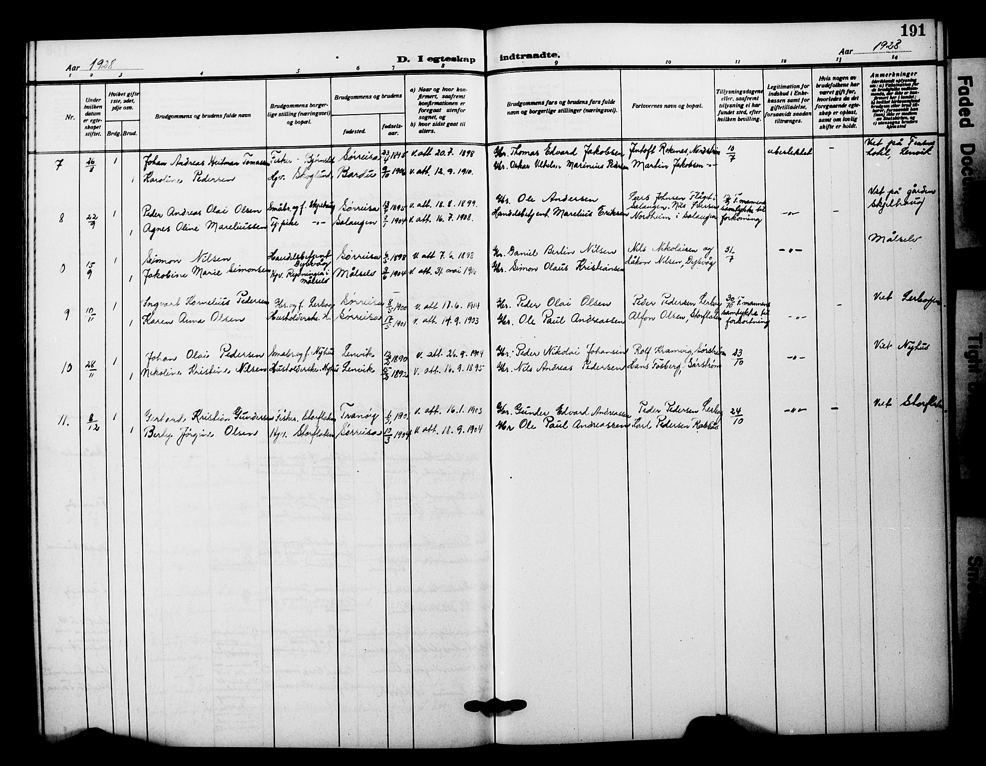 Tranøy sokneprestkontor, SATØ/S-1313/I/Ia/Iab/L0023klokker: Parish register (copy) no. 23, 1913-1928, p. 191