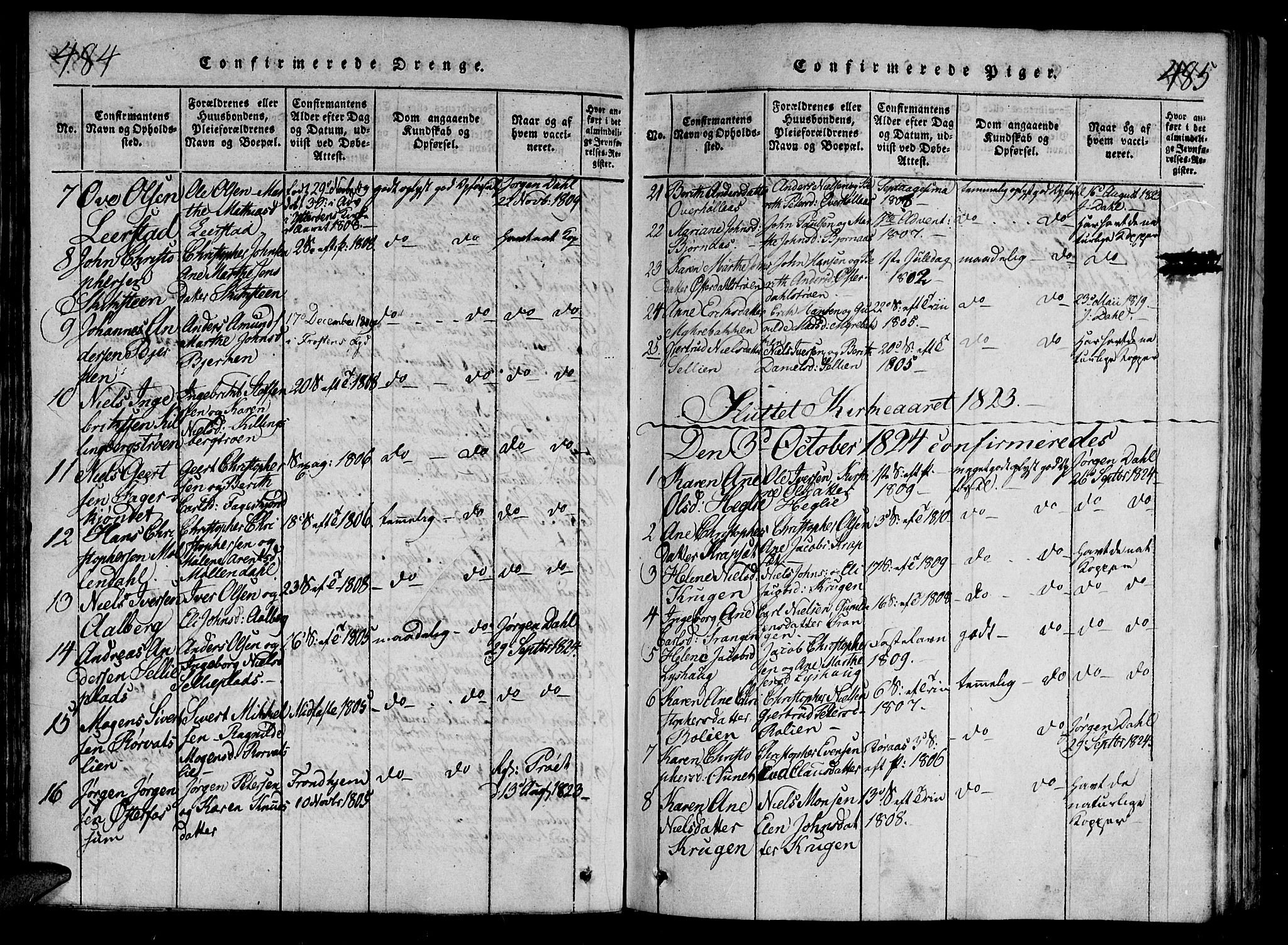 Ministerialprotokoller, klokkerbøker og fødselsregistre - Nord-Trøndelag, SAT/A-1458/701/L0005: Parish register (official) no. 701A05 /1, 1816-1825, p. 484-485