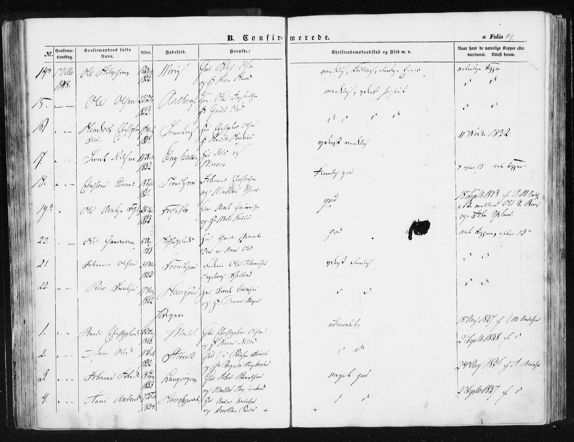 Ministerialprotokoller, klokkerbøker og fødselsregistre - Sør-Trøndelag, AV/SAT-A-1456/612/L0376: Parish register (official) no. 612A08, 1846-1859, p. 119