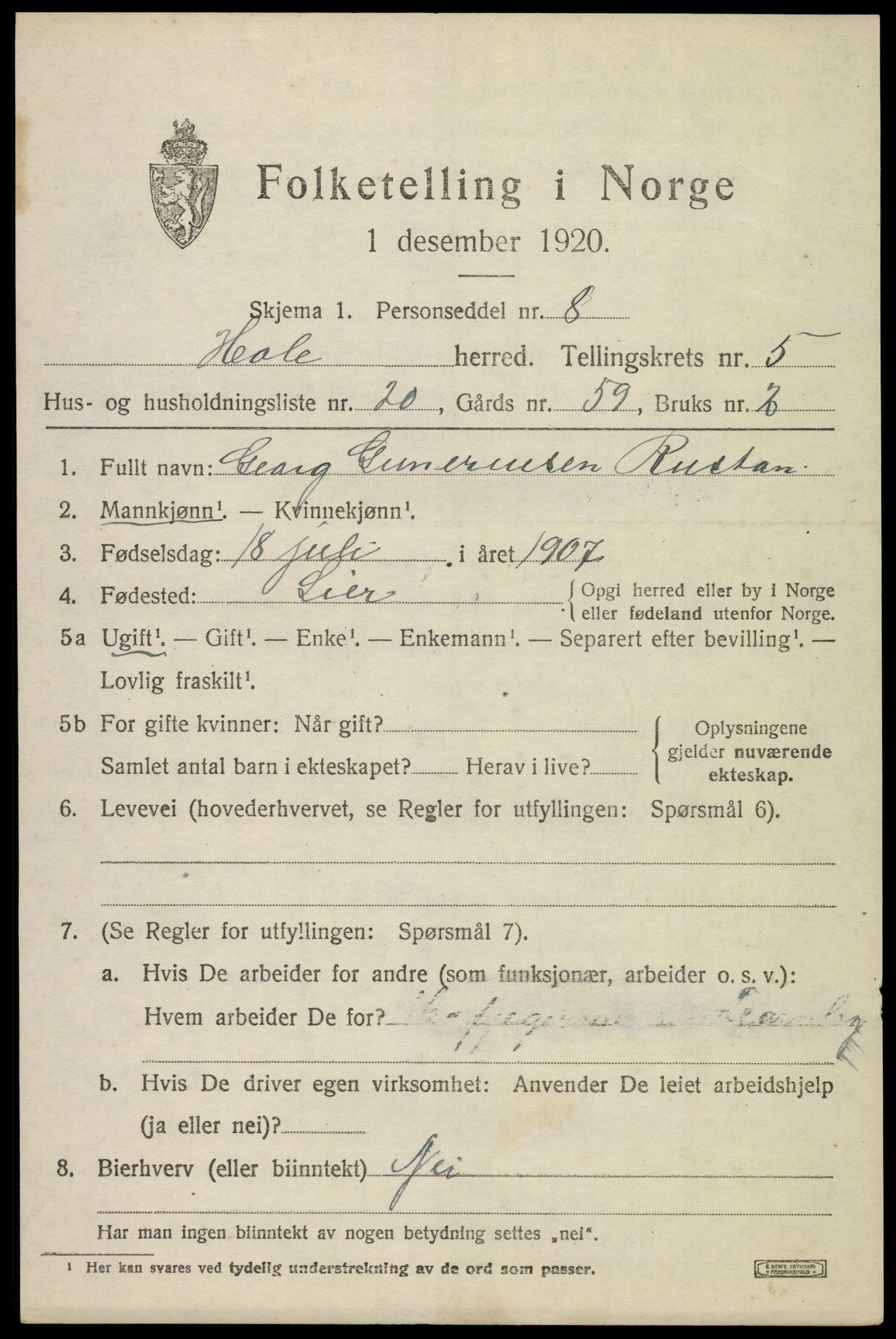 SAKO, 1920 census for Hole, 1920, p. 3551