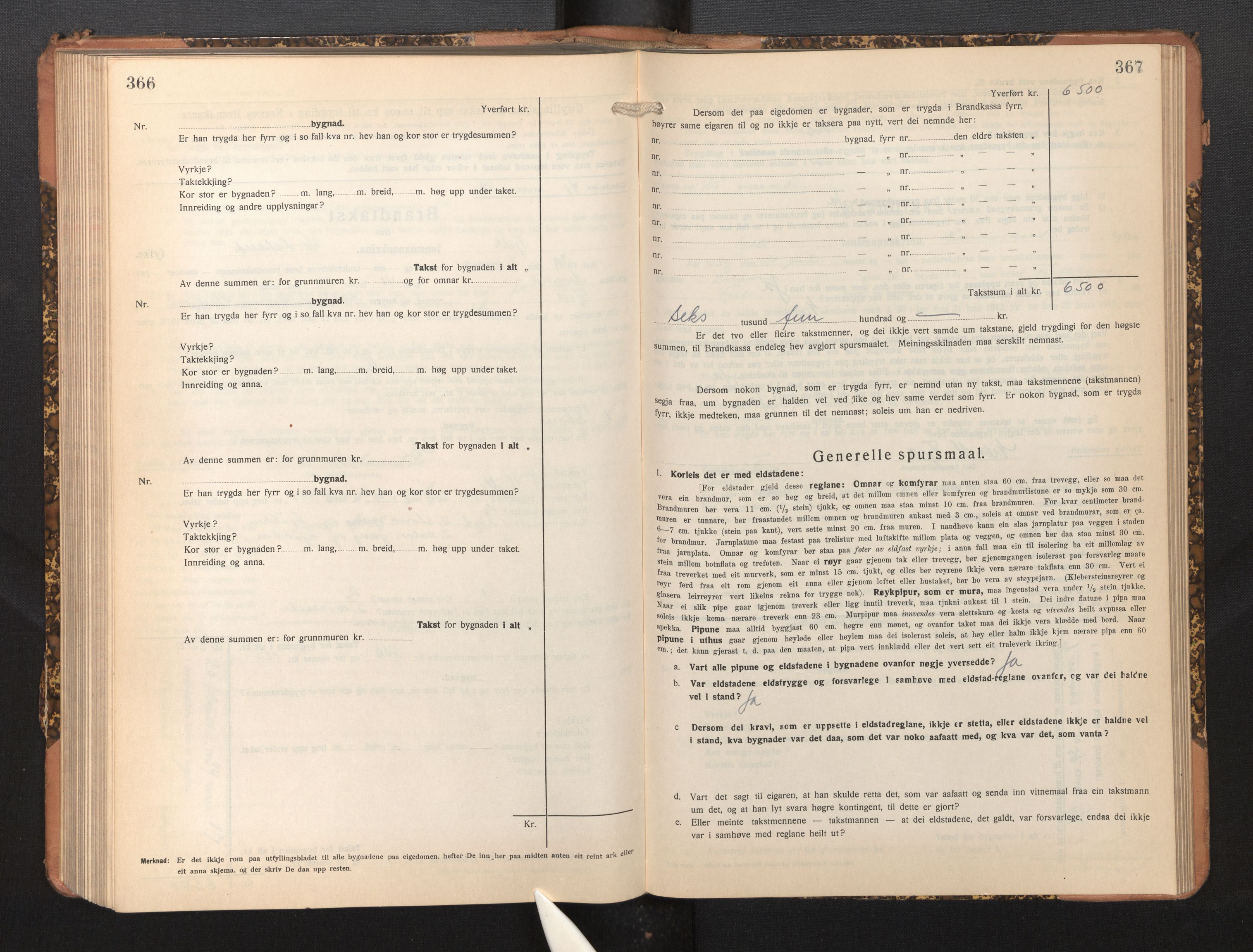 Lensmannen i Fjell, SAB/A-32301/0012/L0006: Branntakstprotokoll, skjematakst, 1931-1945, p. 366-367