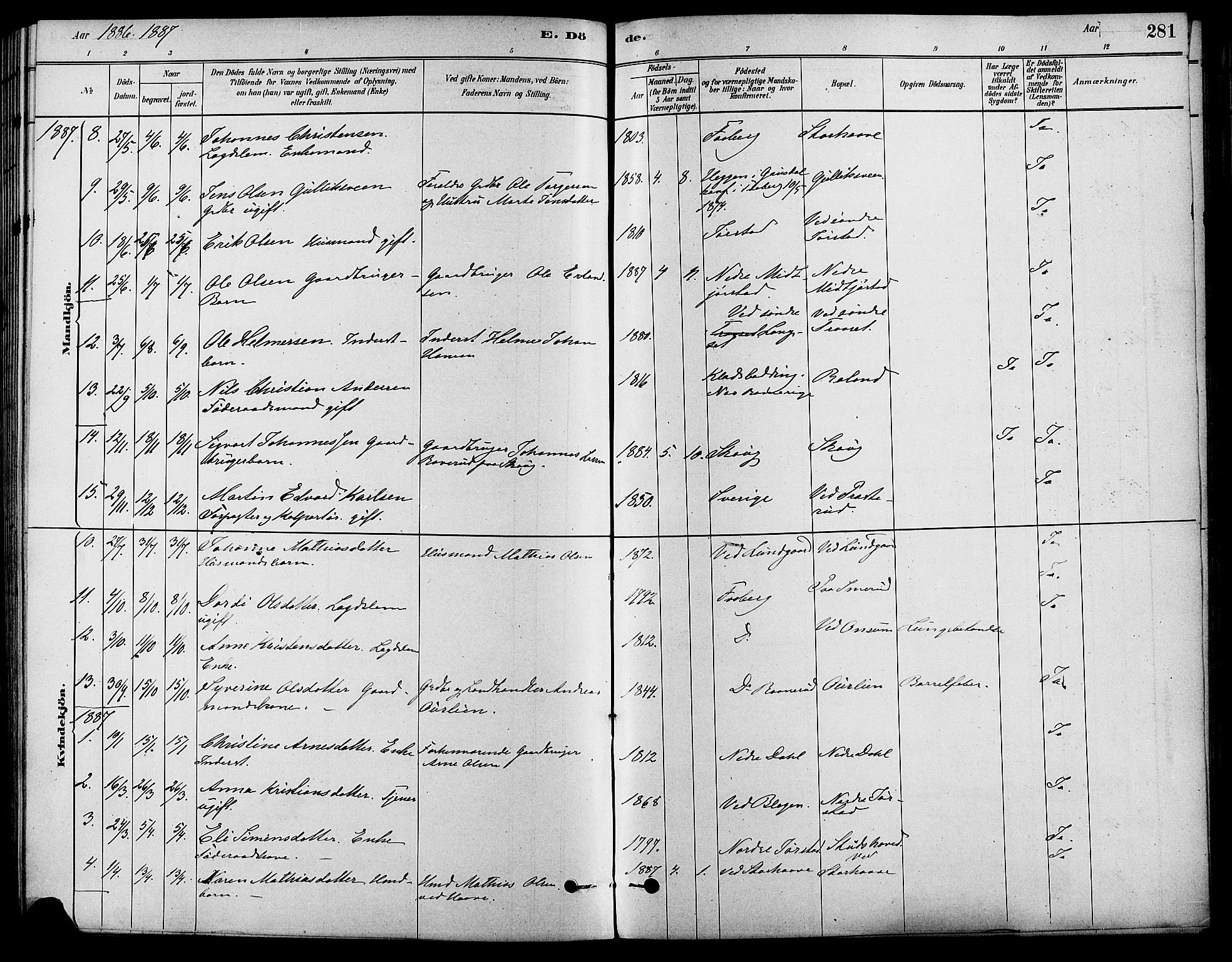 Fåberg prestekontor, SAH/PREST-086/H/Ha/Haa/L0008: Parish register (official) no. 8, 1879-1898, p. 281