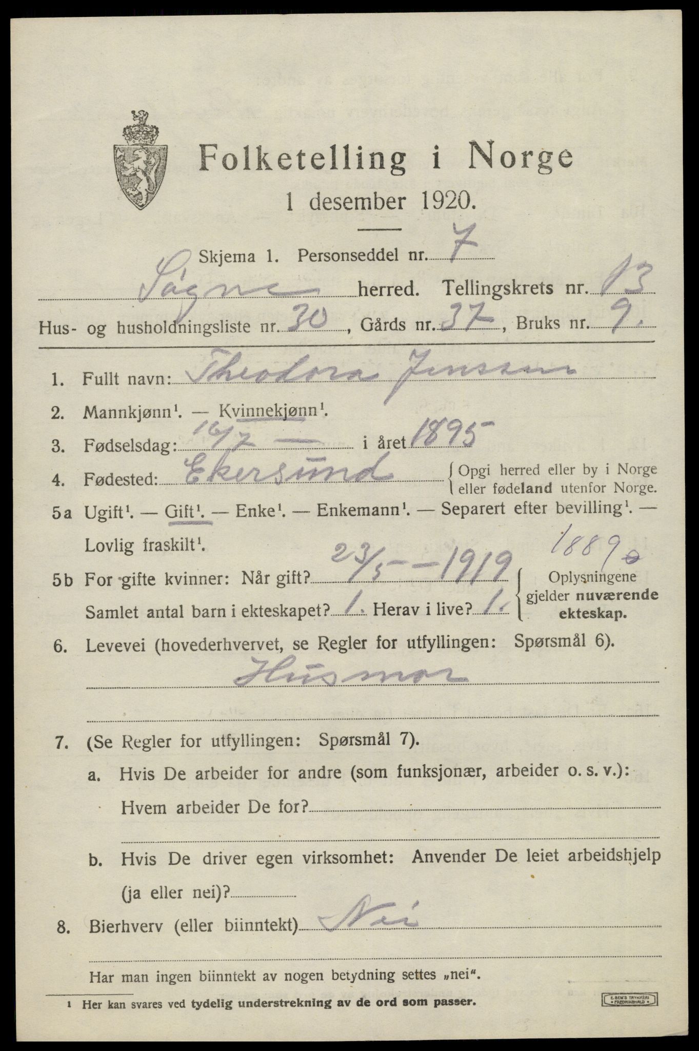 SAK, 1920 census for Søgne, 1920, p. 6743