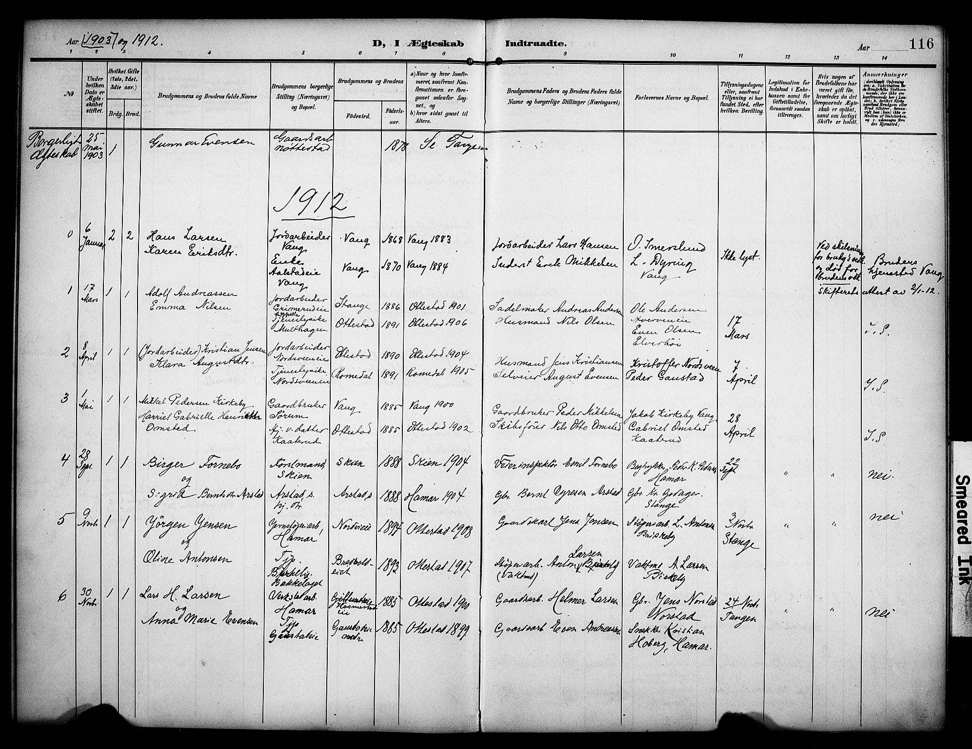 Stange prestekontor, SAH/PREST-002/K/L0022: Parish register (official) no. 22, 1903-1914, p. 116