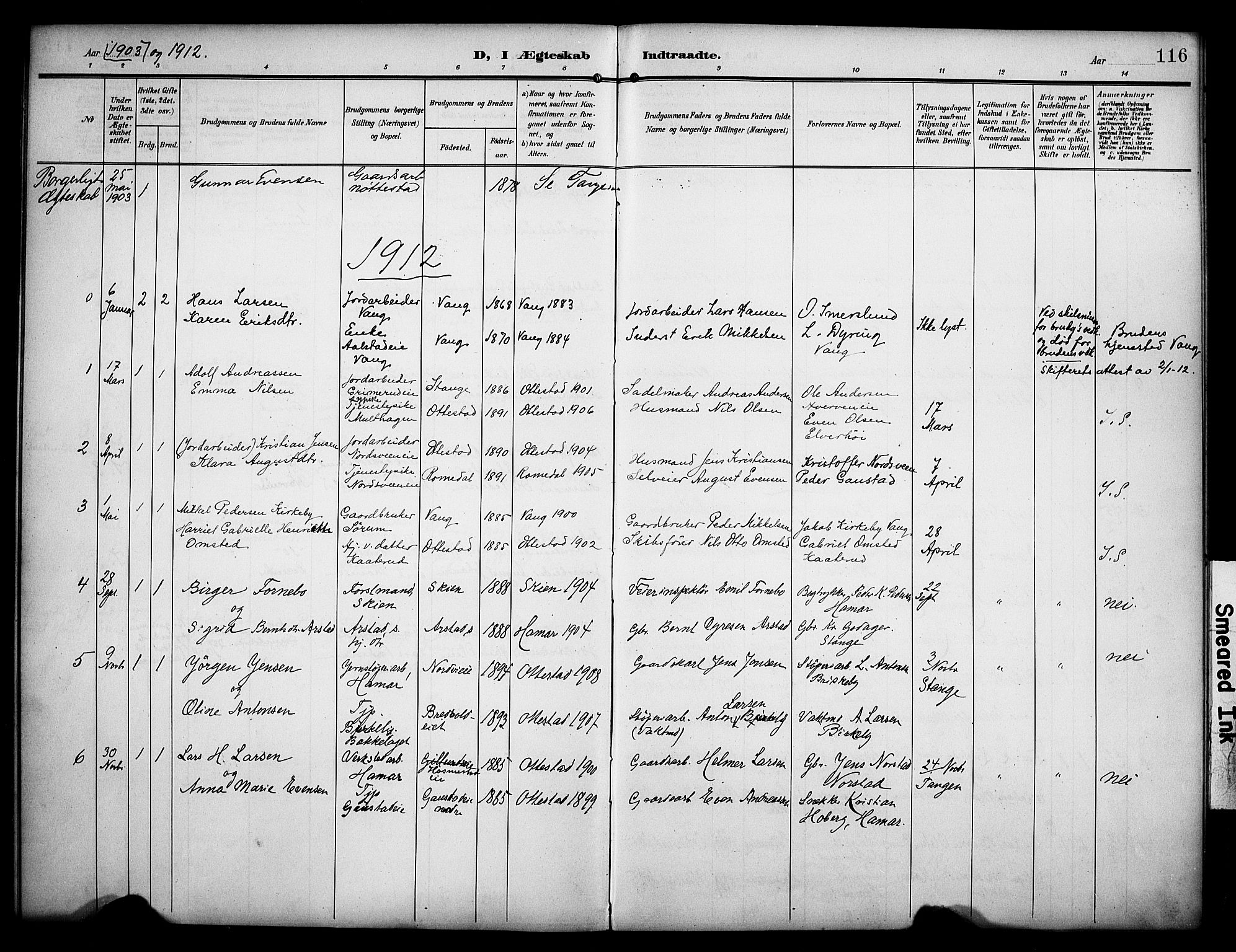 Stange prestekontor, AV/SAH-PREST-002/K/L0022: Parish register (official) no. 22, 1903-1914, p. 116