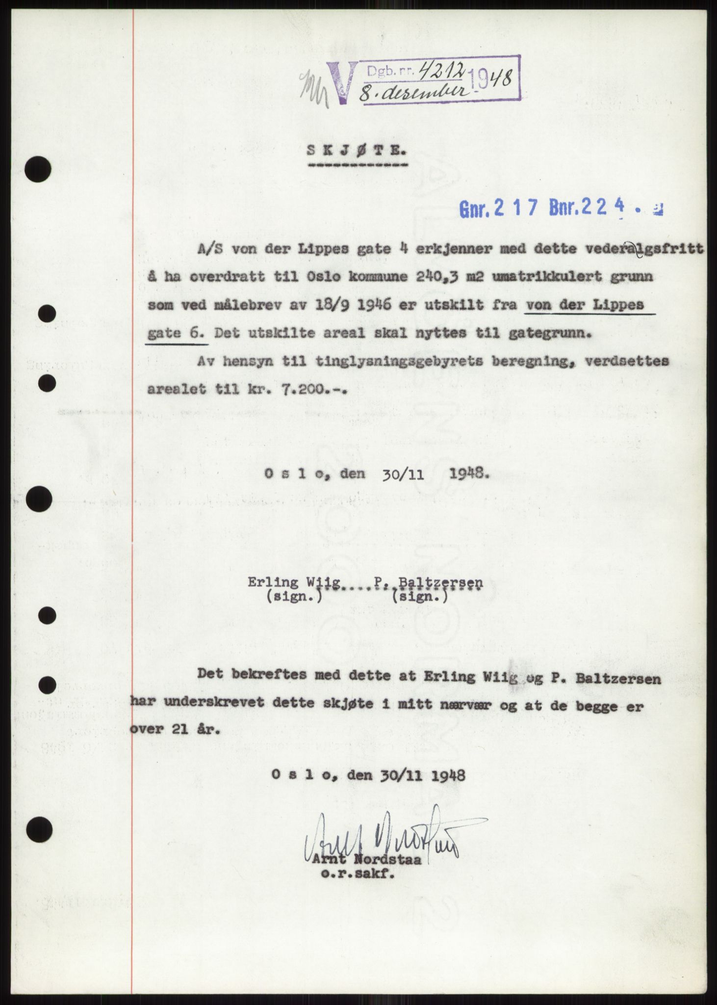 Oslo byskriverembete, AV/SAO-A-10227/G/Gb/Gbb/Gbbd/L0001: Mortgage book no. VS1, 1936-1948, Diary no: : 4212/1948