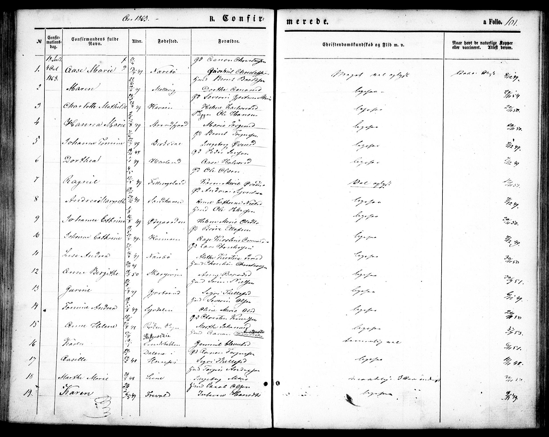 Hommedal sokneprestkontor, AV/SAK-1111-0023/F/Fa/Fab/L0005: Parish register (official) no. A 5, 1861-1877, p. 101