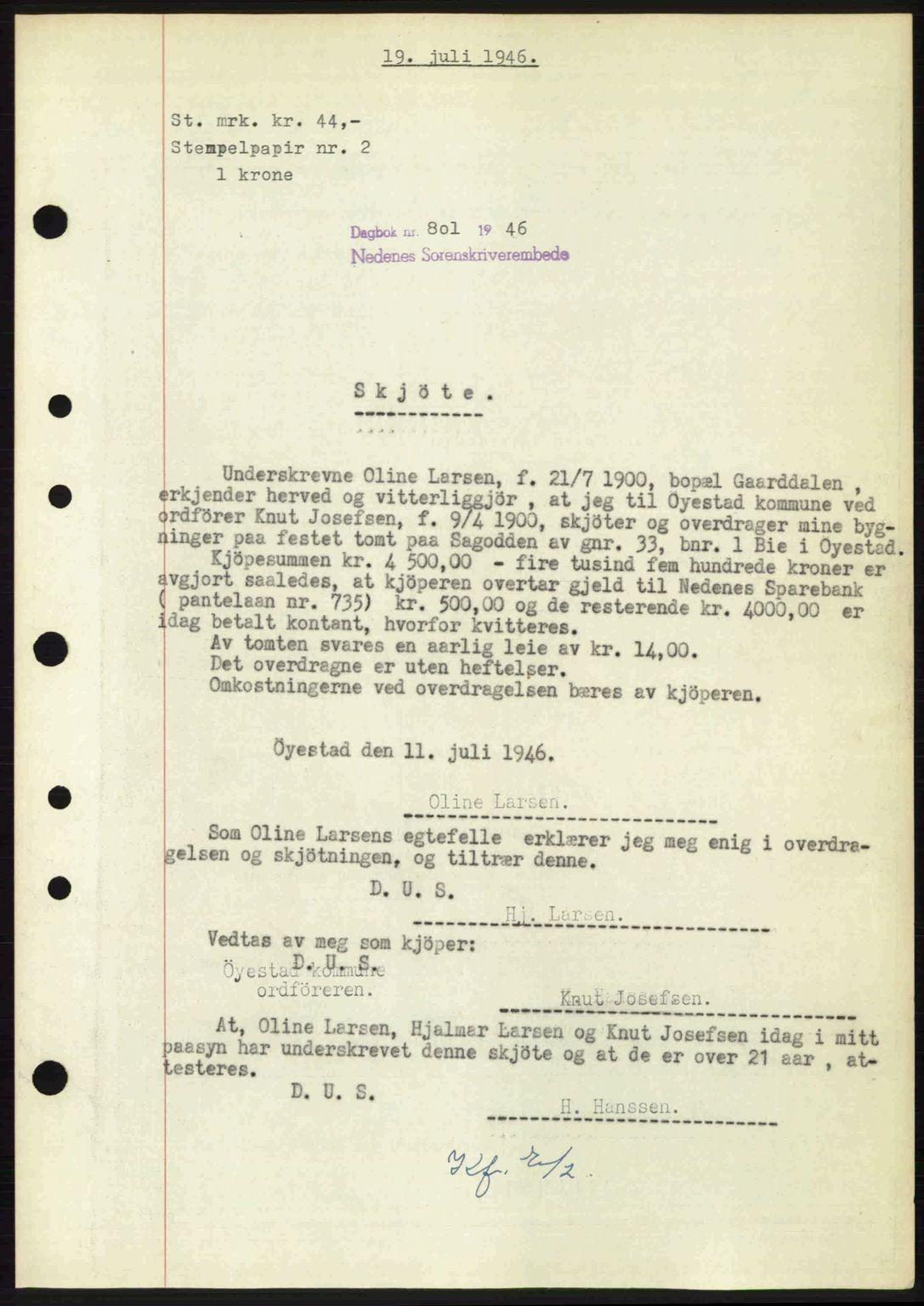 Nedenes sorenskriveri, SAK/1221-0006/G/Gb/Gba/L0055: Mortgage book no. A7, 1946-1946, Diary no: : 801/1946