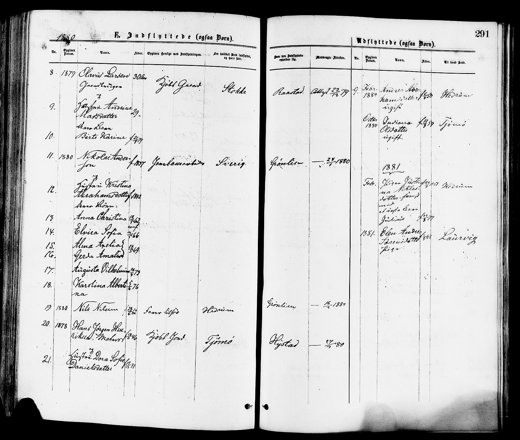 Sandar kirkebøker, SAKO/A-243/F/Fa/L0011: Parish register (official) no. 11, 1872-1882, p. 291