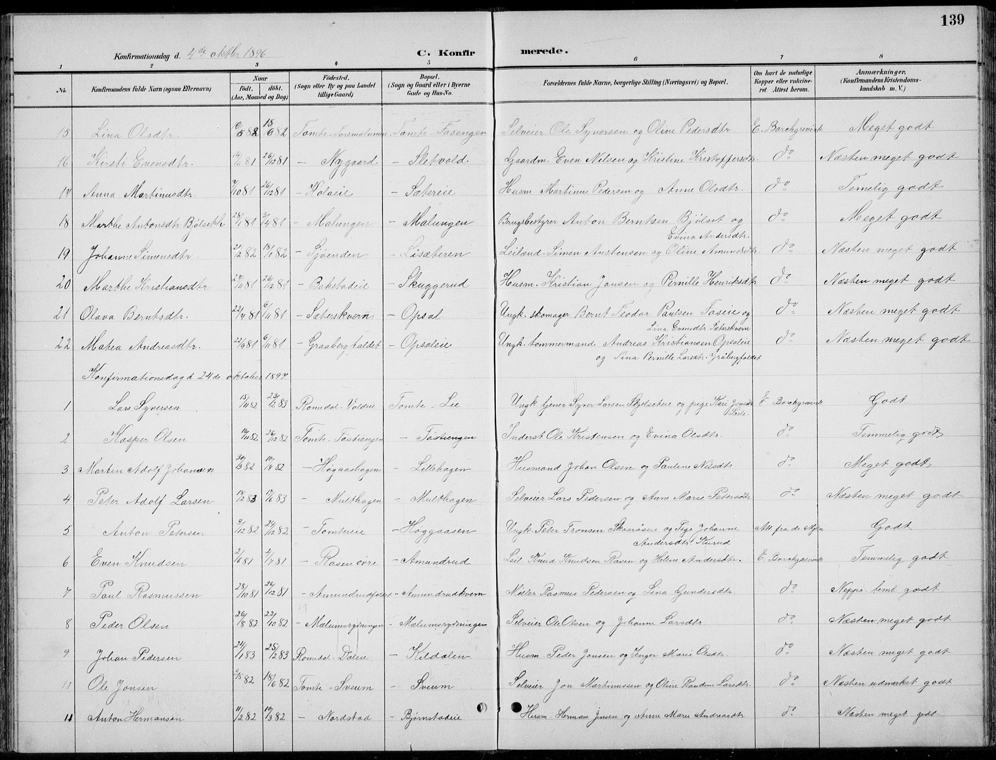 Romedal prestekontor, SAH/PREST-004/L/L0013: Parish register (copy) no. 13, 1896-1937, p. 139