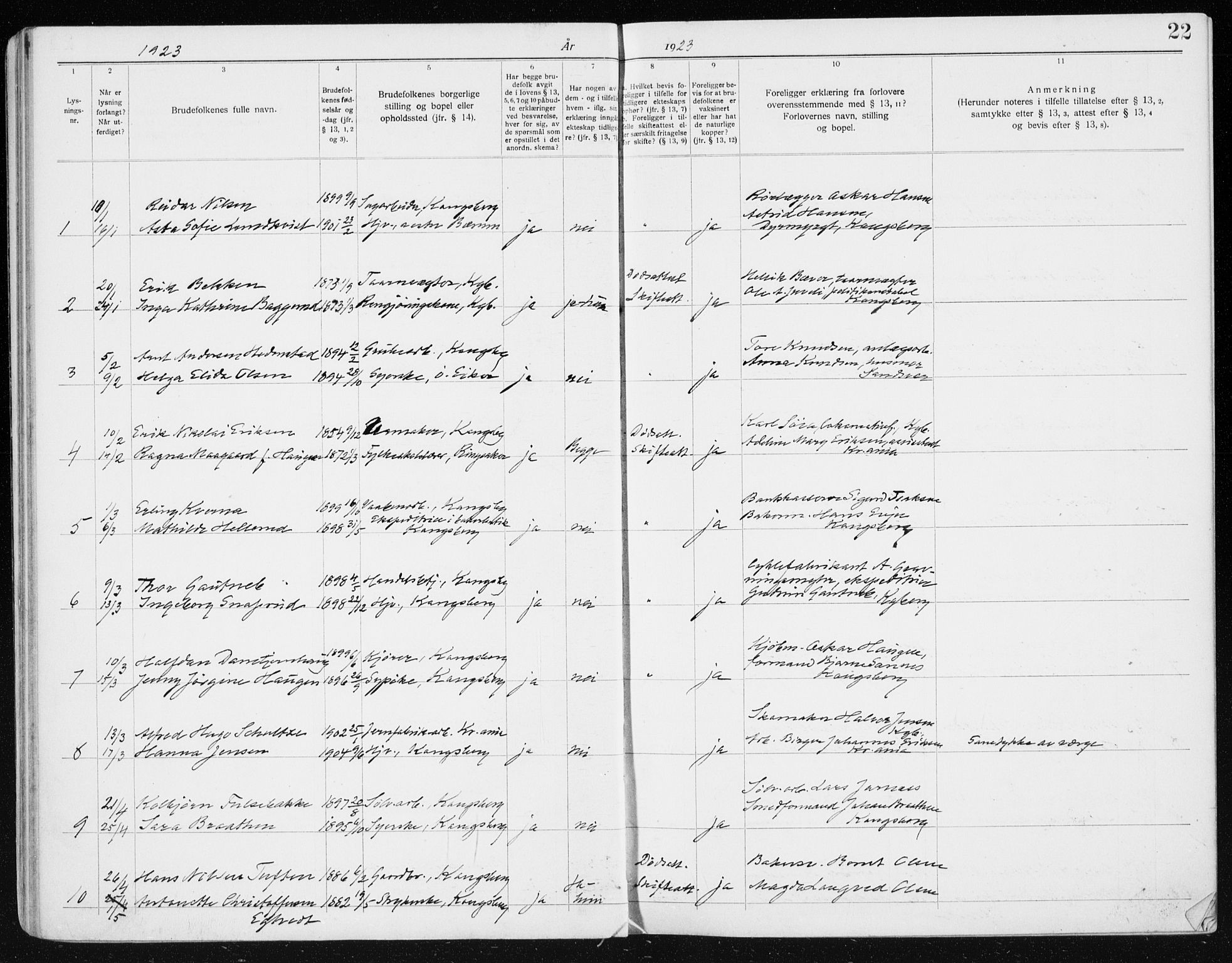 Kongsberg kirkebøker, AV/SAKO-A-22/H/Ha/L0001: Banns register no. 1, 1919-1939, p. 22