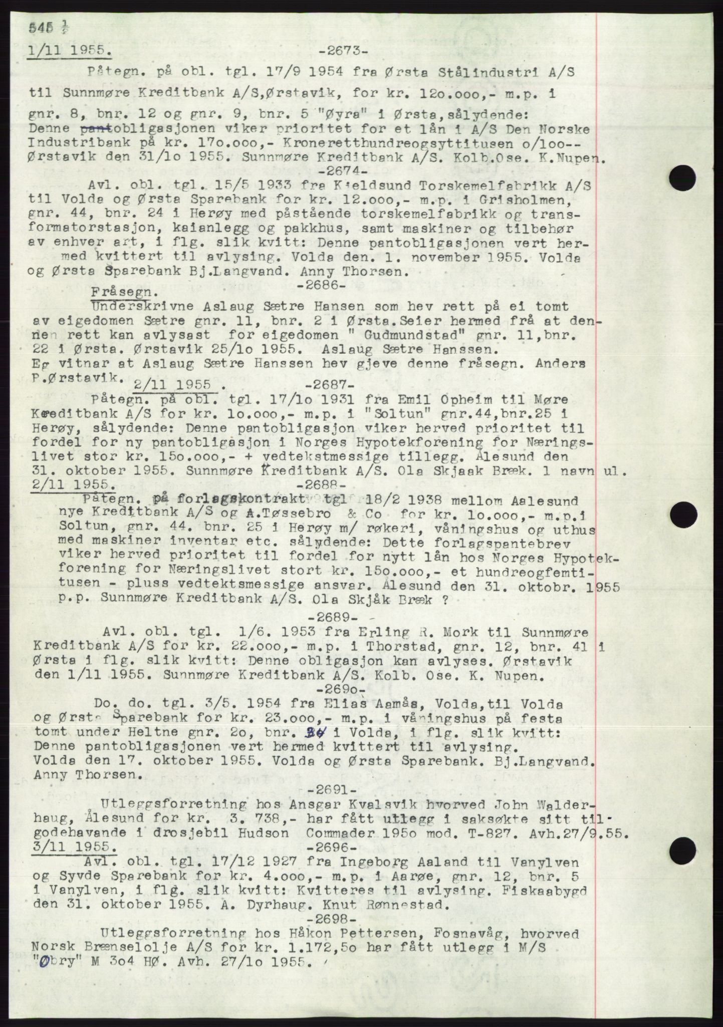 Søre Sunnmøre sorenskriveri, AV/SAT-A-4122/1/2/2C/L0072: Mortgage book no. 66, 1941-1955, Diary no: : 2673/1955