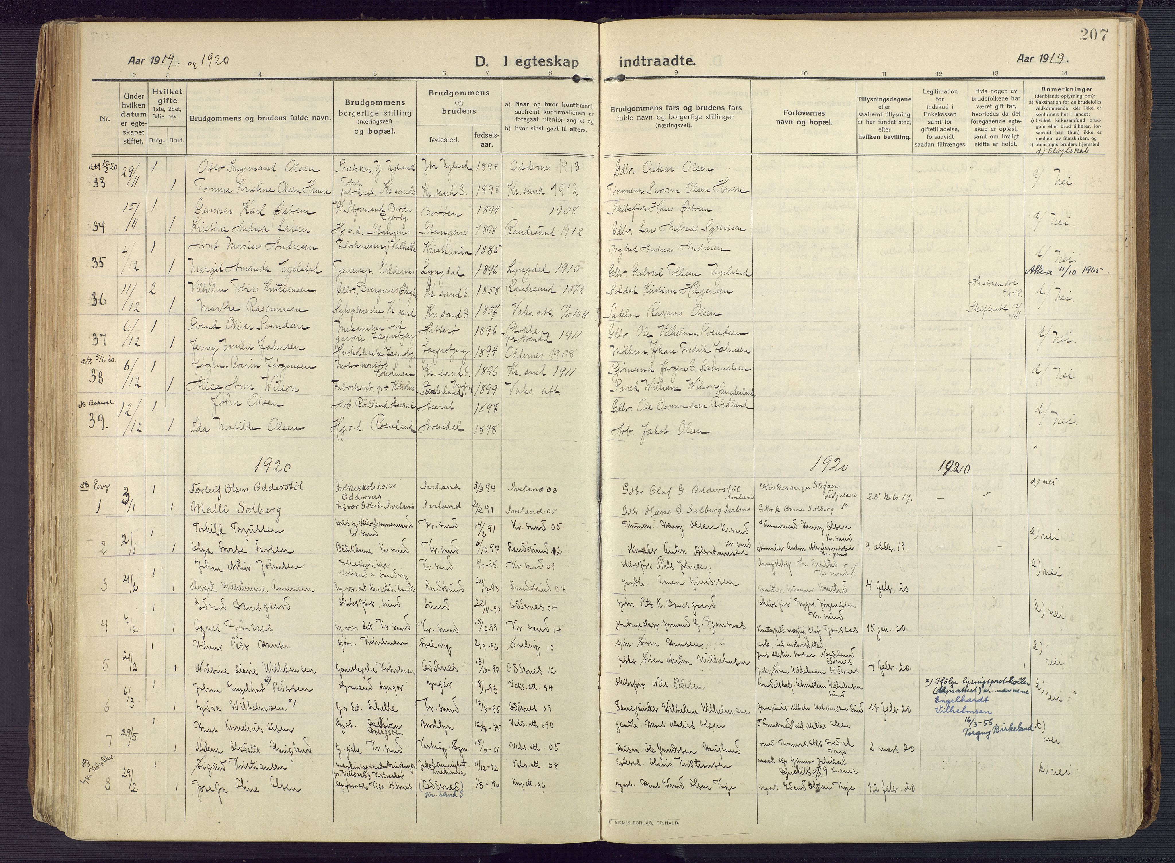 Oddernes sokneprestkontor, AV/SAK-1111-0033/F/Fa/Faa/L0012: Parish register (official) no. A 12, 1912-1925, p. 207