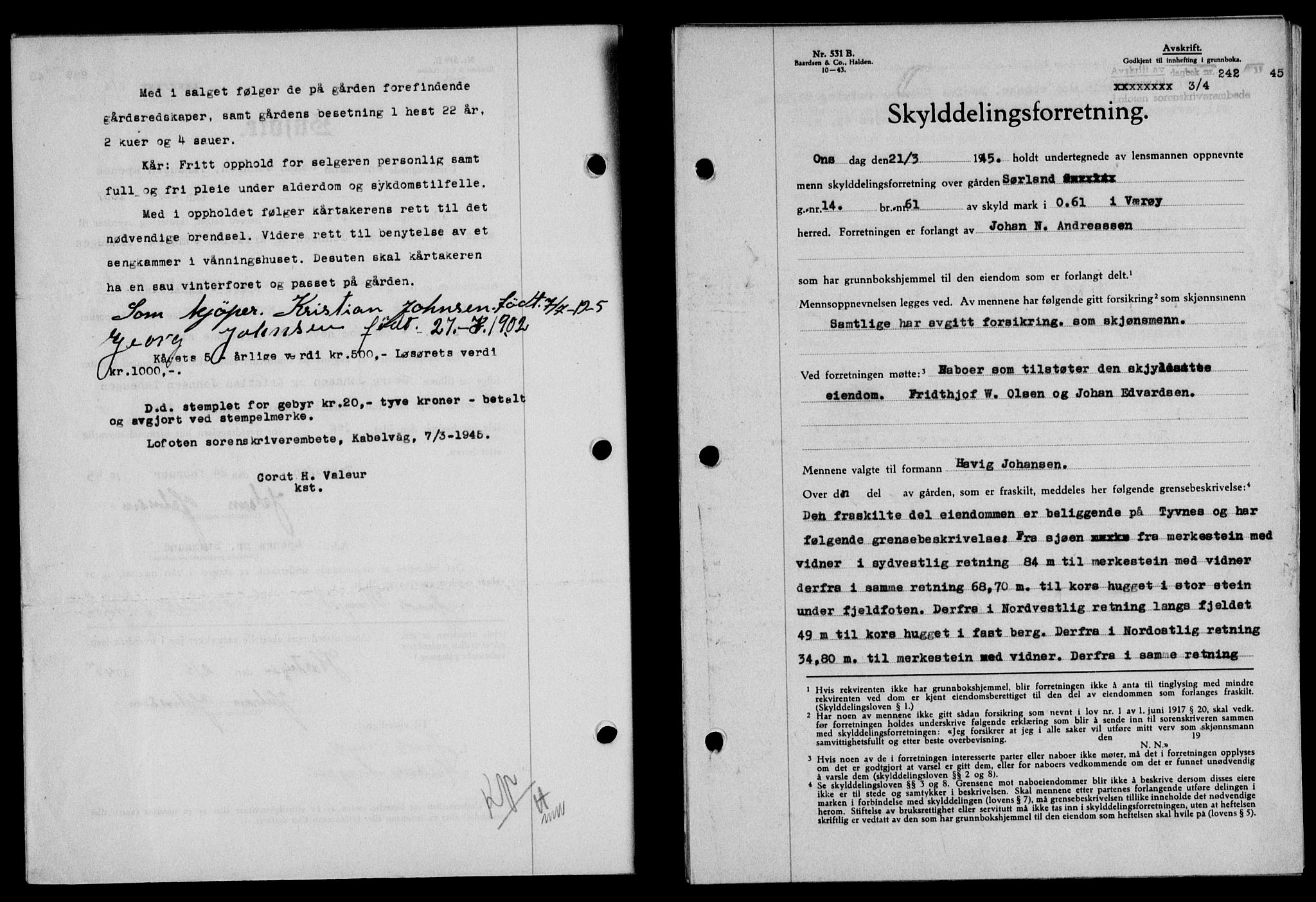 Lofoten sorenskriveri, SAT/A-0017/1/2/2C/L0013a: Mortgage book no. 13a, 1944-1946, Diary no: : 242/1945