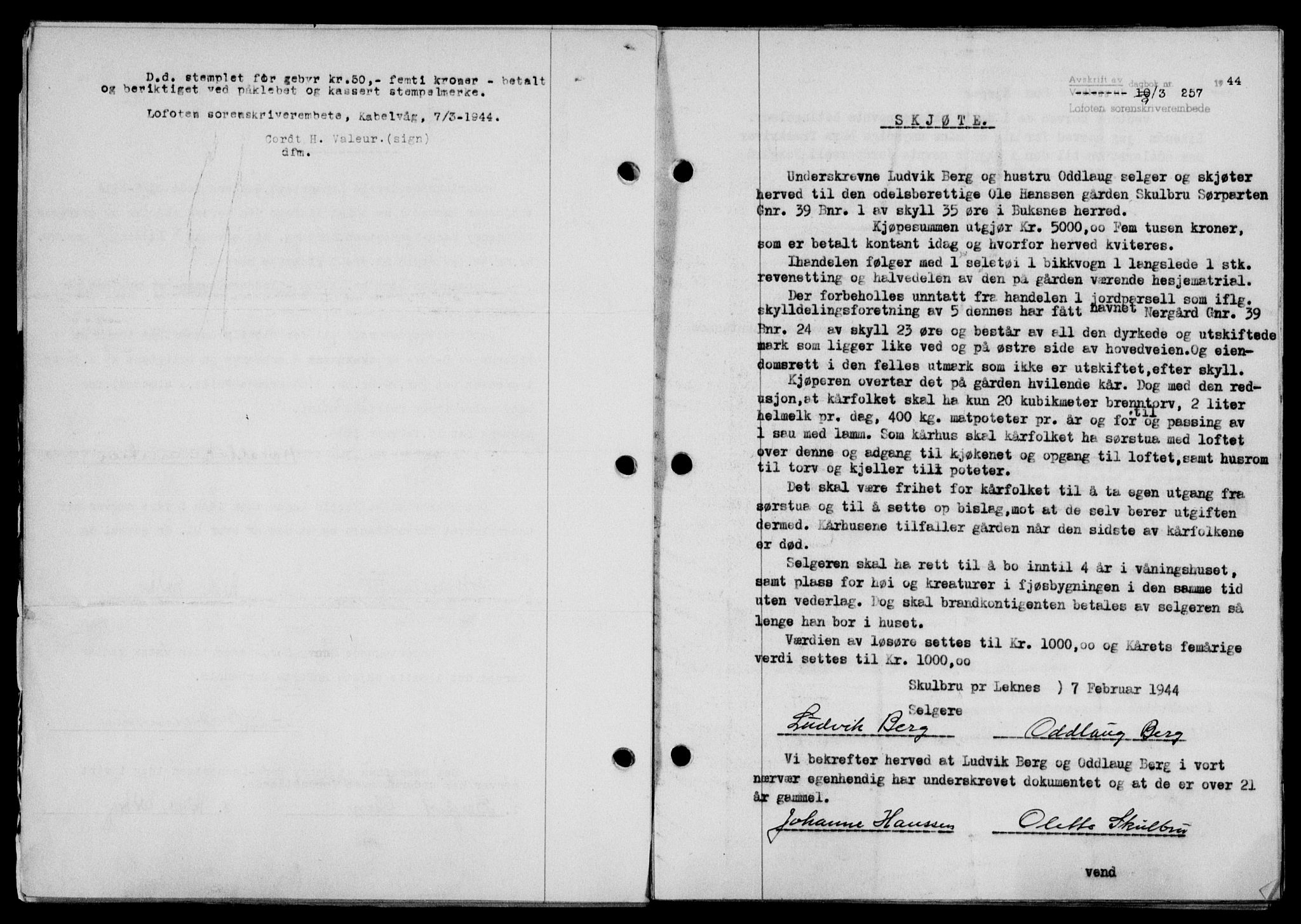 Lofoten sorenskriveri, SAT/A-0017/1/2/2C/L0012a: Mortgage book no. 12a, 1943-1944, Diary no: : 257/1944