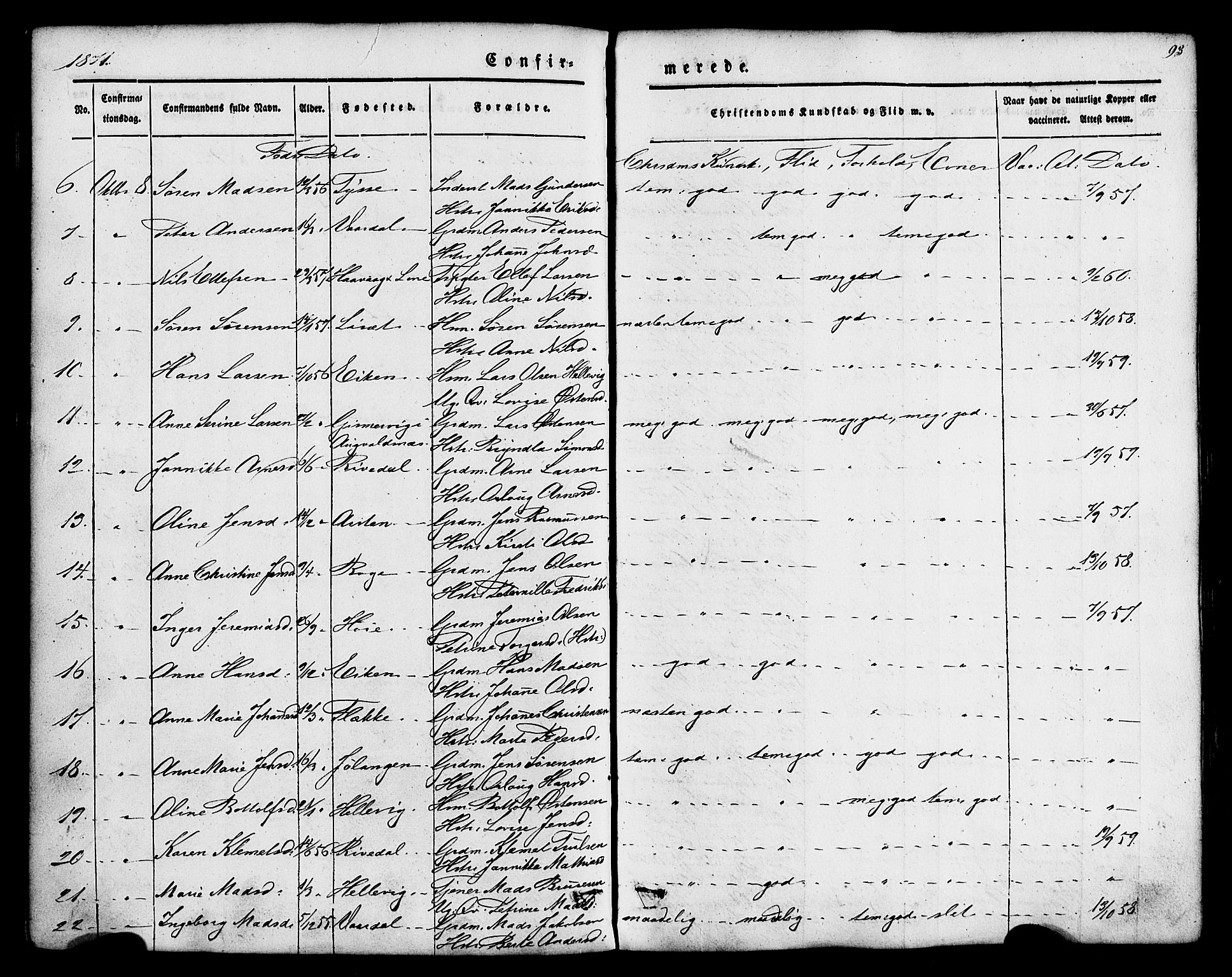 Fjaler sokneprestembete, AV/SAB-A-79801/H/Haa/Haaa/L0008: Parish register (official) no. A 8, 1850-1886, p. 93