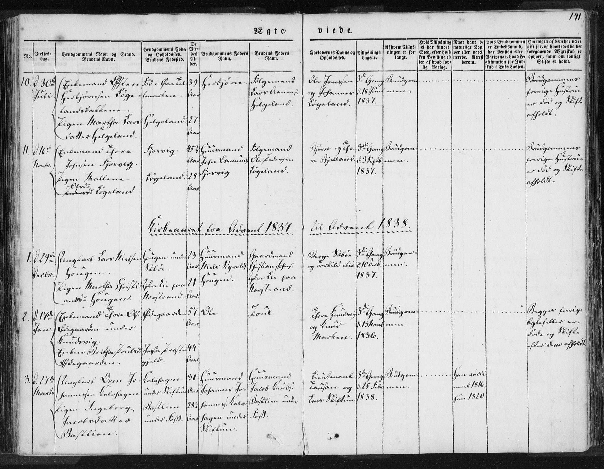 Hjelmeland sokneprestkontor, AV/SAST-A-101843/01/IV/L0006: Parish register (official) no. A 6, 1834-1845, p. 141