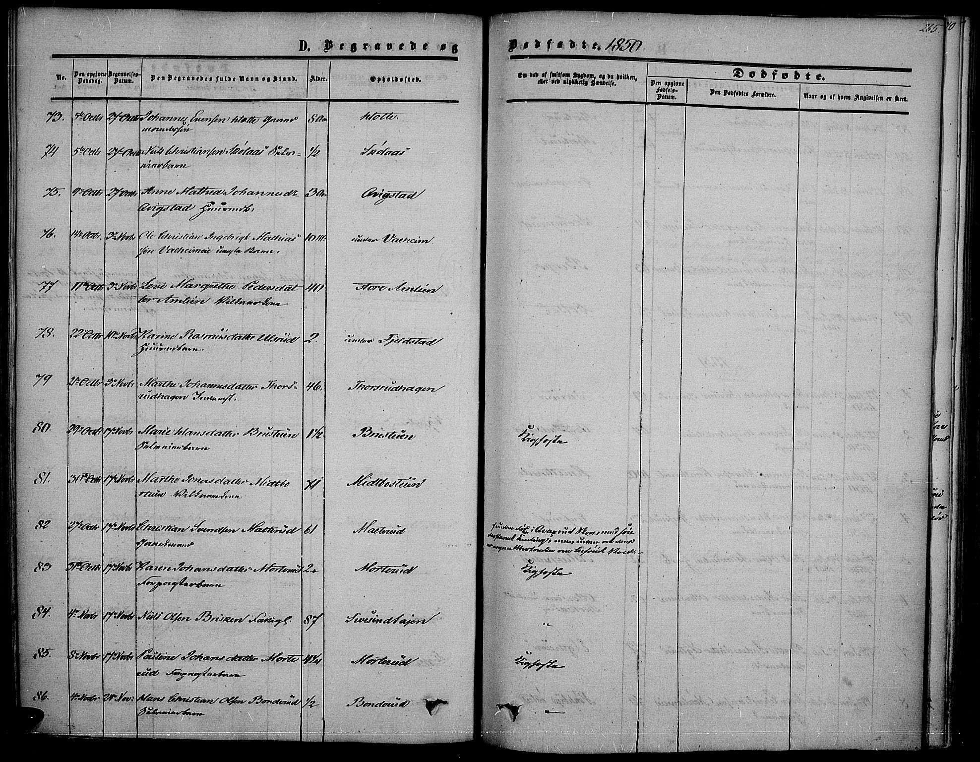 Vestre Toten prestekontor, SAH/PREST-108/H/Ha/Haa/L0005: Parish register (official) no. 5, 1850-1855, p. 265