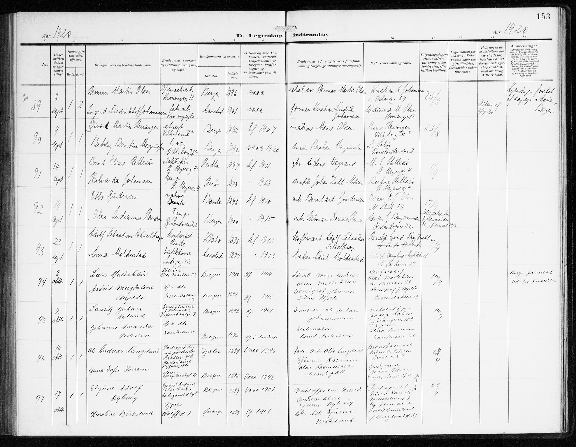 Sandviken Sokneprestembete, SAB/A-77601/H/Ha/L0015: Parish register (official) no. D 2, 1911-1923, p. 153