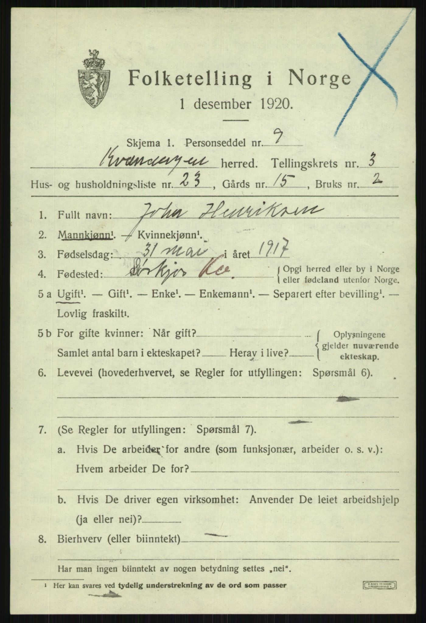 SATØ, 1920 census for Kvænangen, 1920, p. 2020