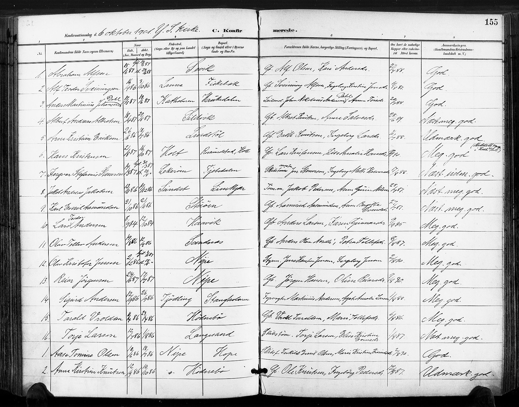 Søndeled sokneprestkontor, AV/SAK-1111-0038/F/Fa/L0006: Parish register (official) no. A 6, 1900-1922, p. 155