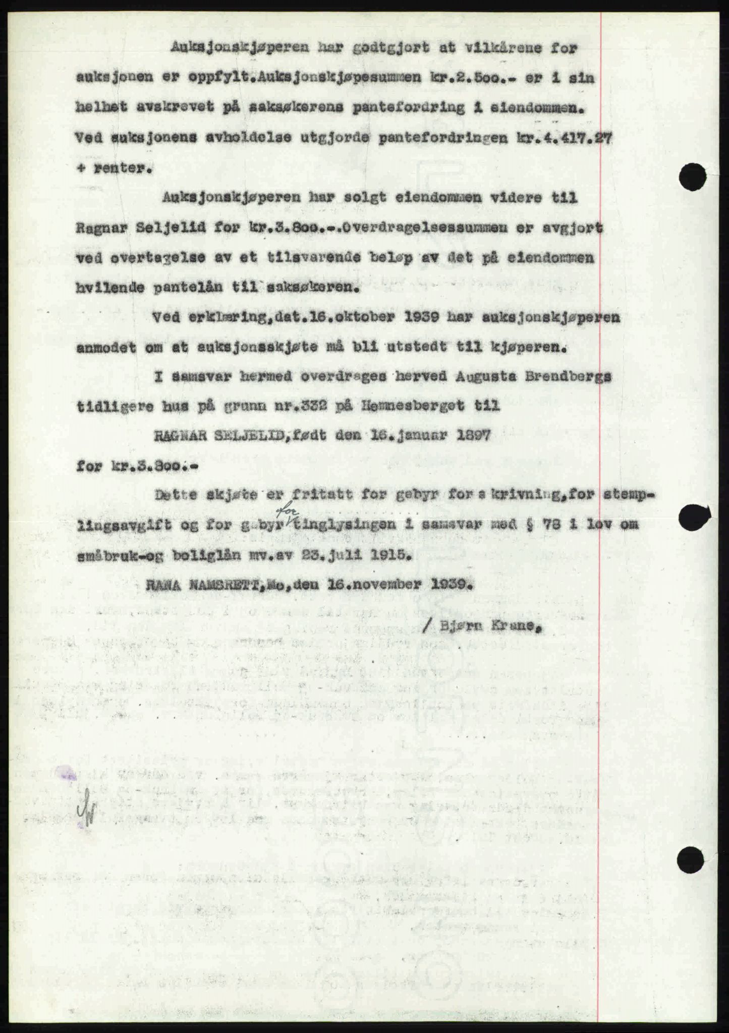 Rana sorenskriveri , SAT/A-1108/1/2/2C: Mortgage book no. A 6, 1939-1940, Diary no: : 1777/1939