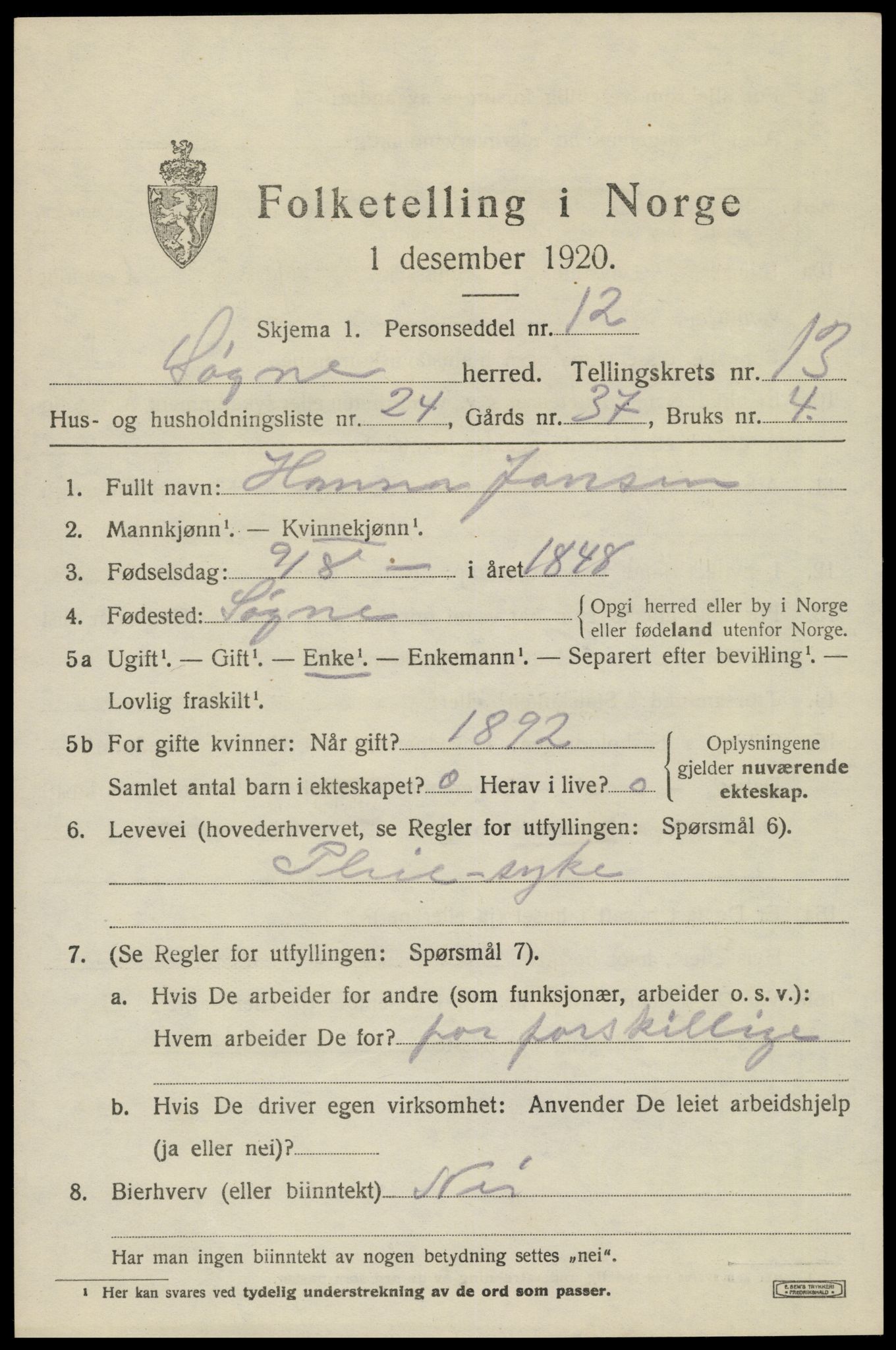 SAK, 1920 census for Søgne, 1920, p. 6667