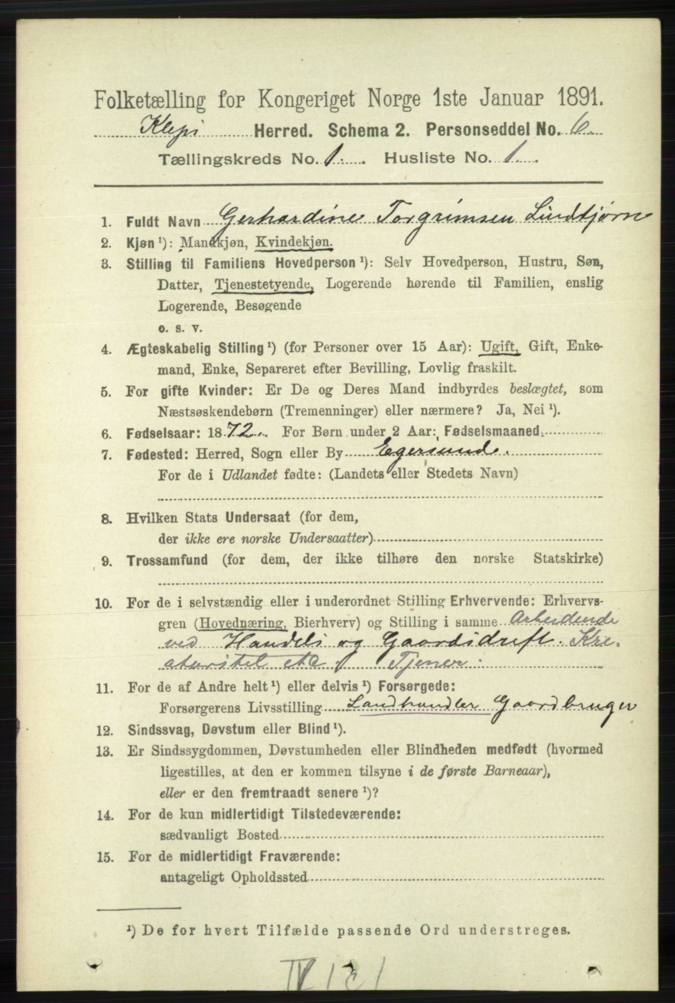 RA, 1891 census for 1120 Klepp, 1891, p. 70