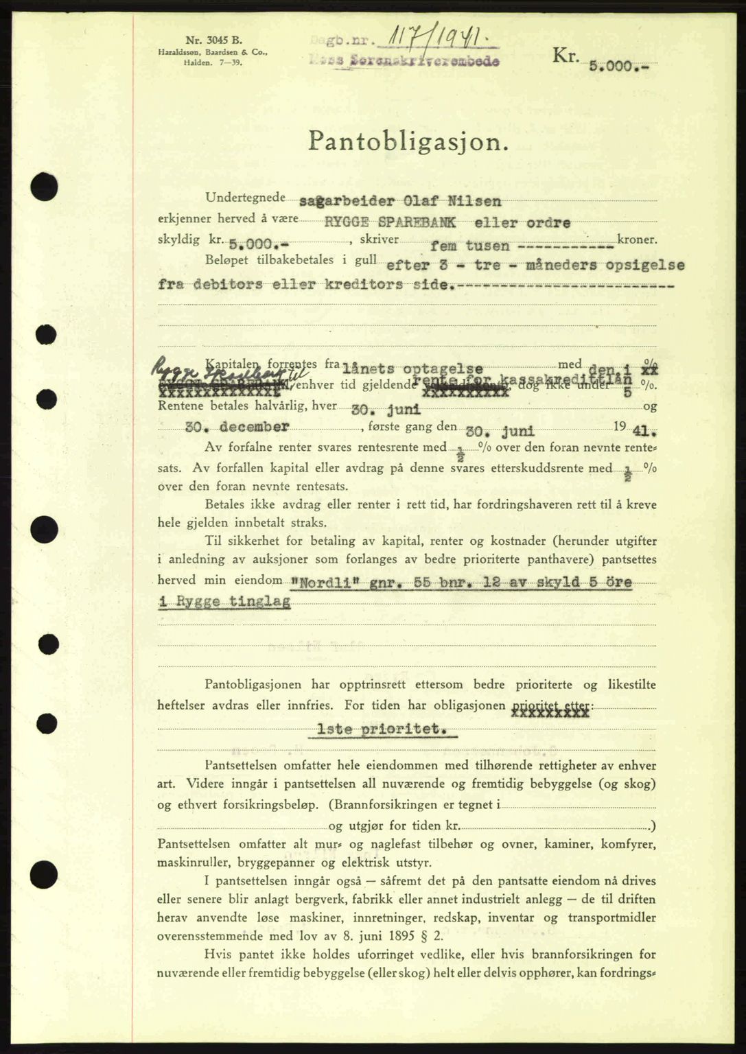 Moss sorenskriveri, SAO/A-10168: Mortgage book no. B10, 1940-1941, Diary no: : 117/1941