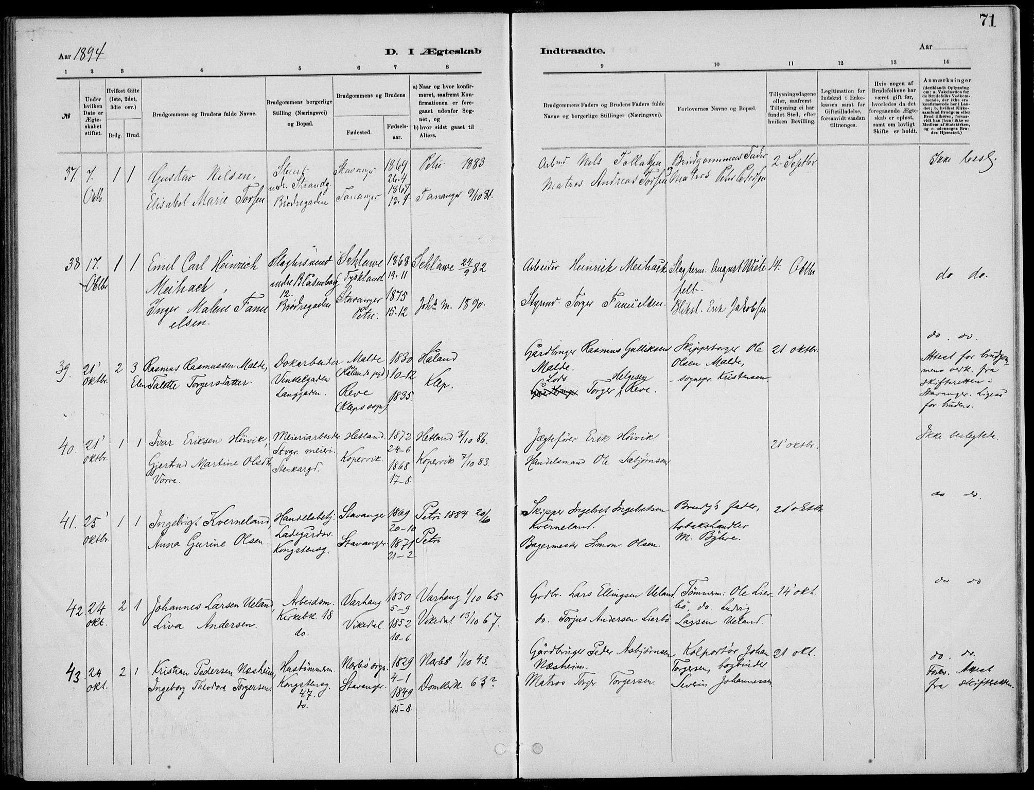 St. Petri sokneprestkontor, AV/SAST-A-101813/001/30/30BB/L0005: Parish register (copy) no. B 5, 1878-1895, p. 71