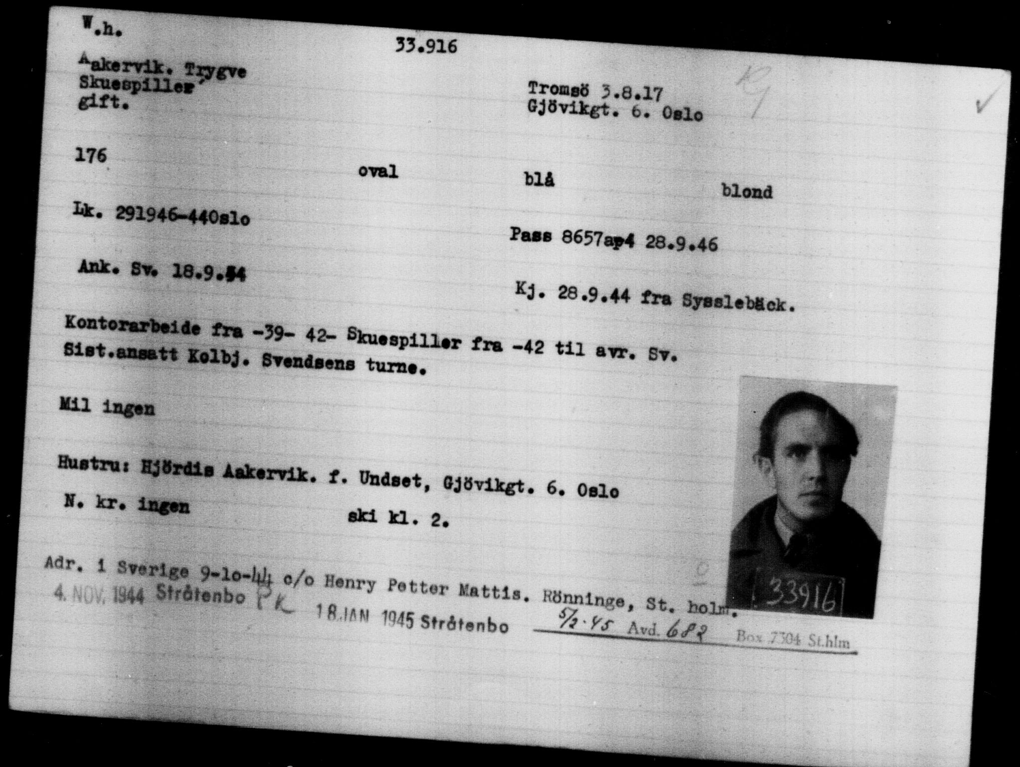 Utenriksstasjonene, Legasjonen i Stockholm, Flyktningkontoret, AV/RA-S-6753/V/Va/L0013: Kjesäterkartoteket, flyktninger med registreringsnr. 31500-34731, 1940-1945, p. 2551