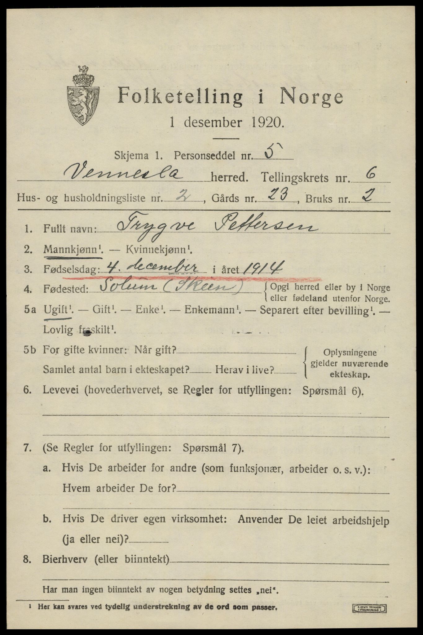 SAK, 1920 census for Vennesla, 1920, p. 4326