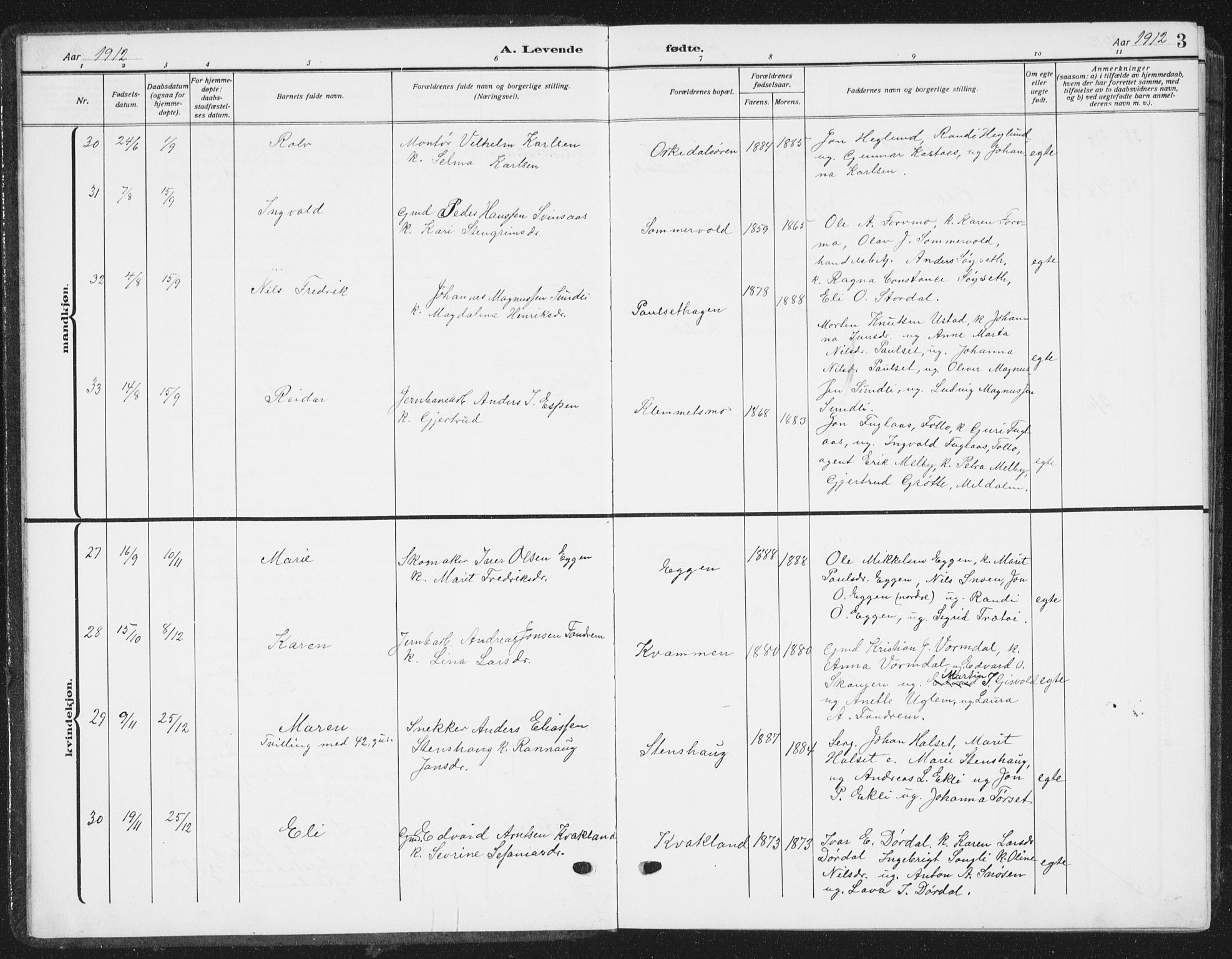 Ministerialprotokoller, klokkerbøker og fødselsregistre - Sør-Trøndelag, AV/SAT-A-1456/668/L0820: Parish register (copy) no. 668C09, 1912-1936, p. 3