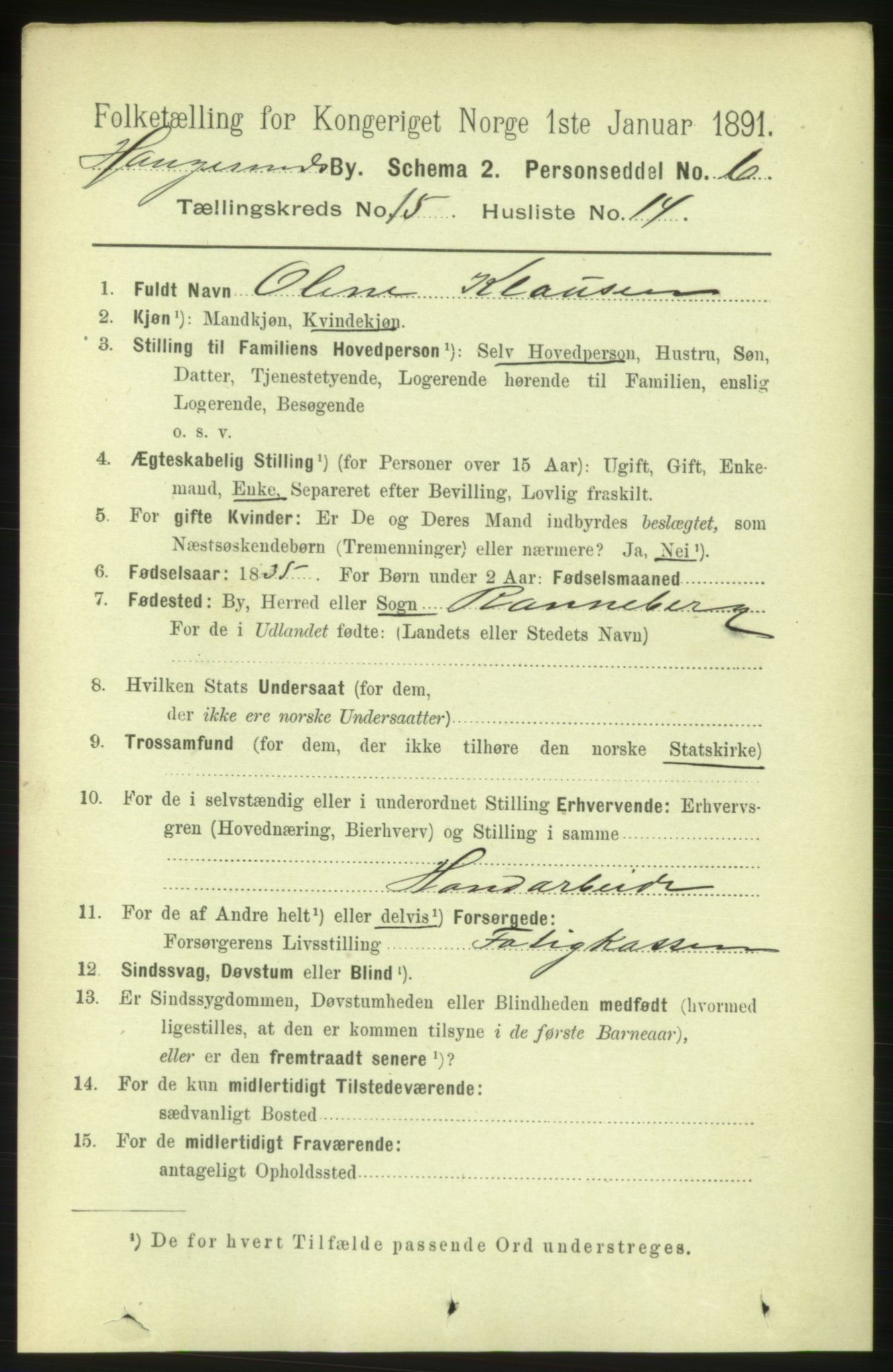 RA, 1891 census for 1106 Haugesund, 1891, p. 5047