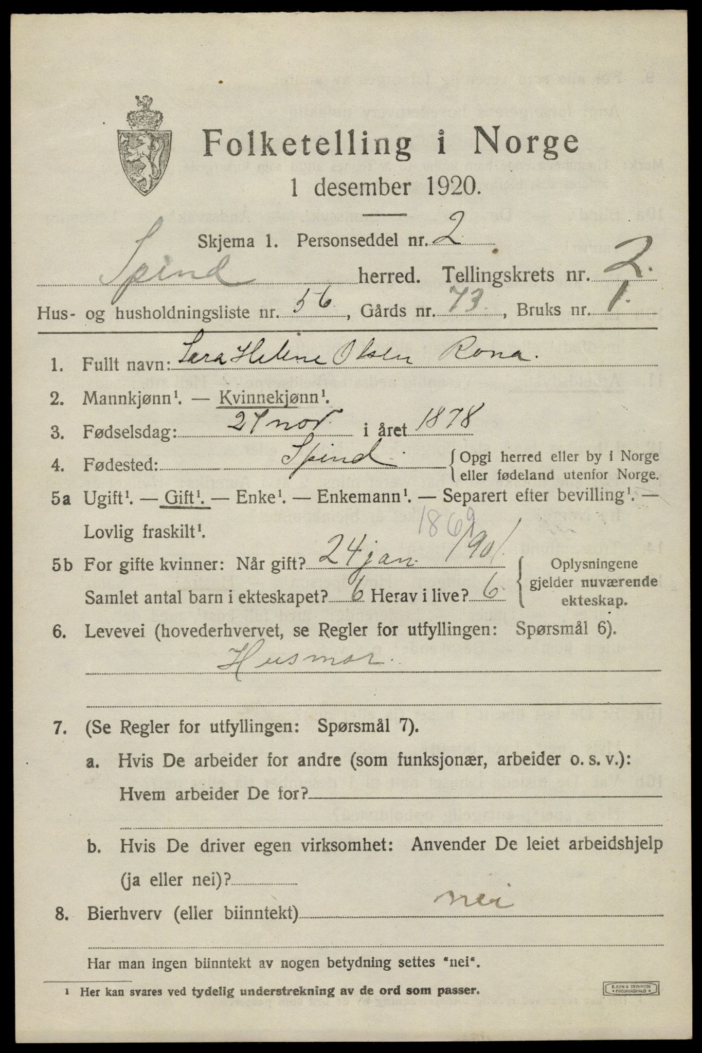 SAK, 1920 census for Spind, 1920, p. 1585