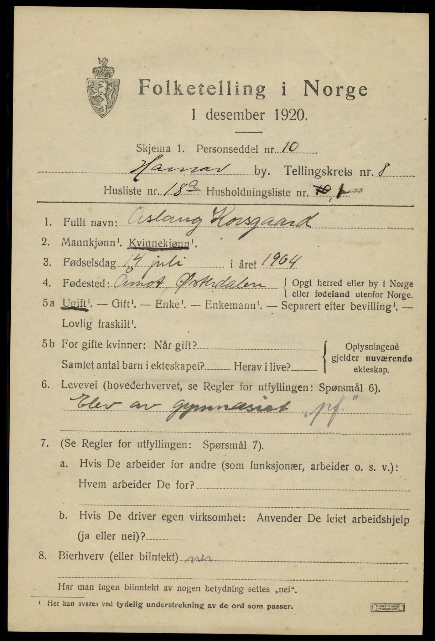 SAH, 1920 census for Hamar, 1920, p. 14909