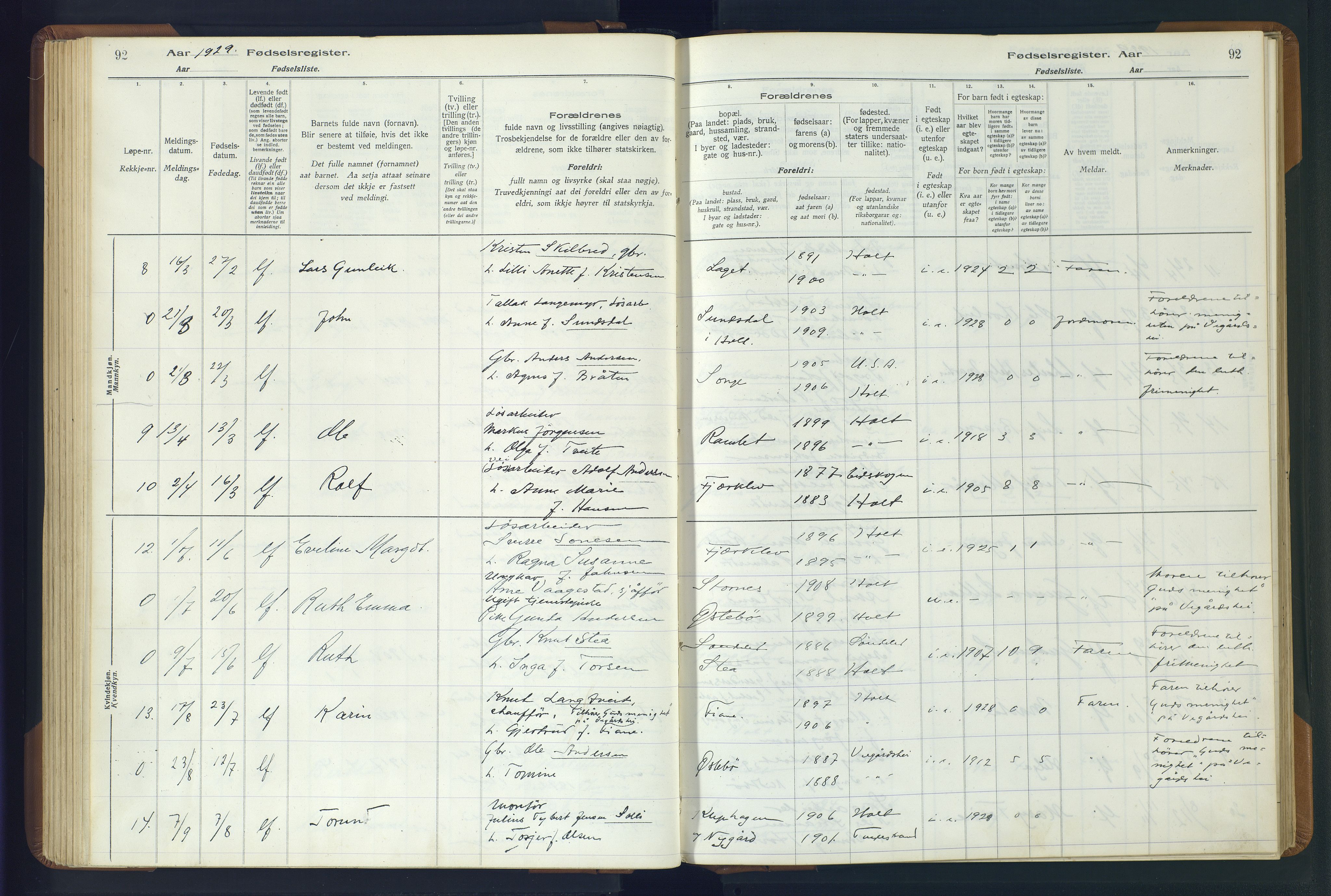 Holt sokneprestkontor, AV/SAK-1111-0021/J/Ja/L0001: Birth register no. II.4.1, 1916-1946, p. 92