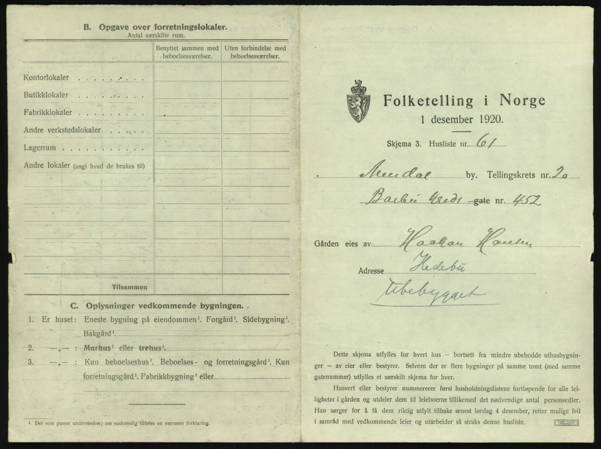 SAK, 1920 census for Arendal, 1920, p. 3224