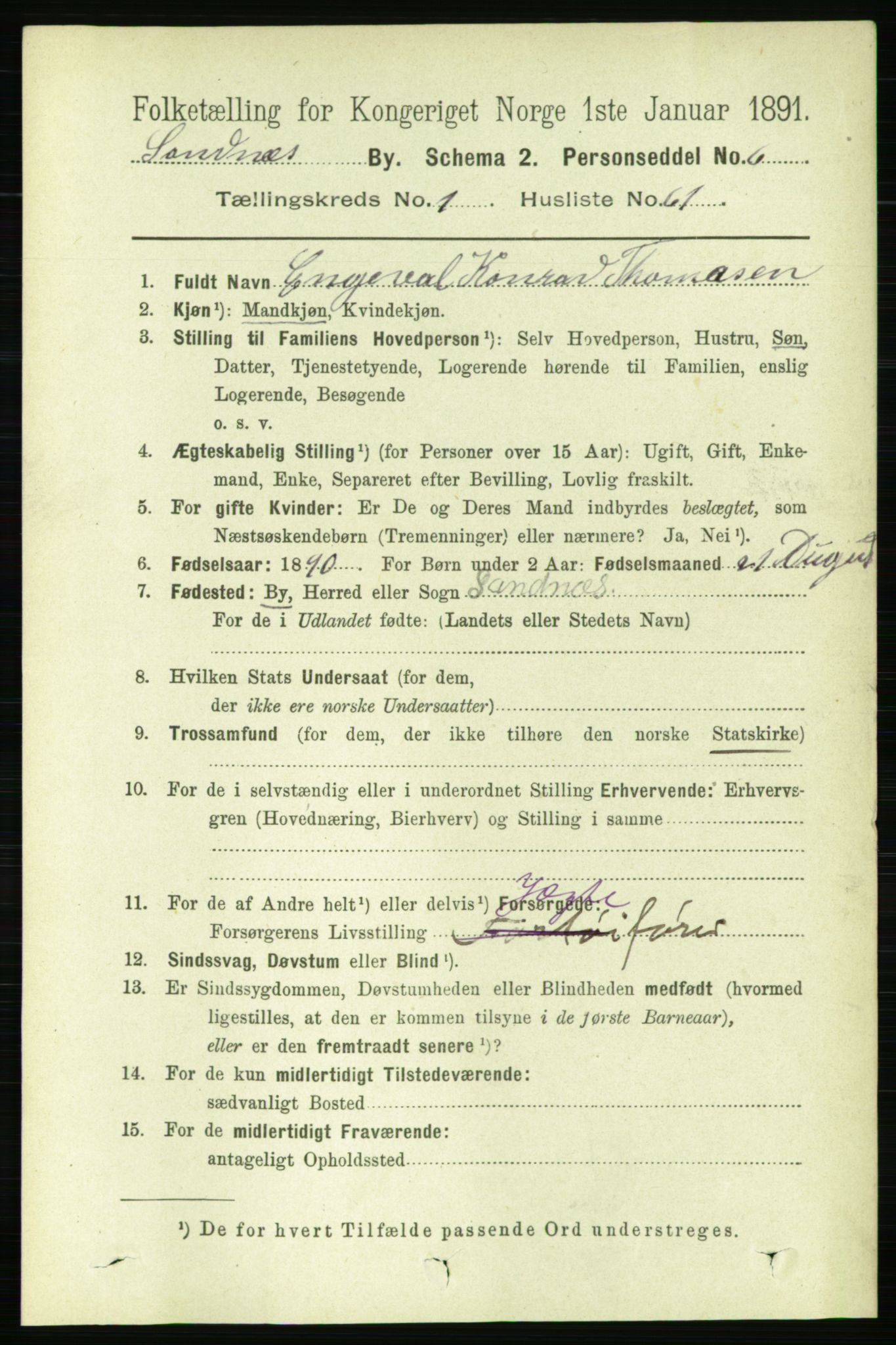 RA, 1891 census for 1102 Sandnes, 1891, p. 926