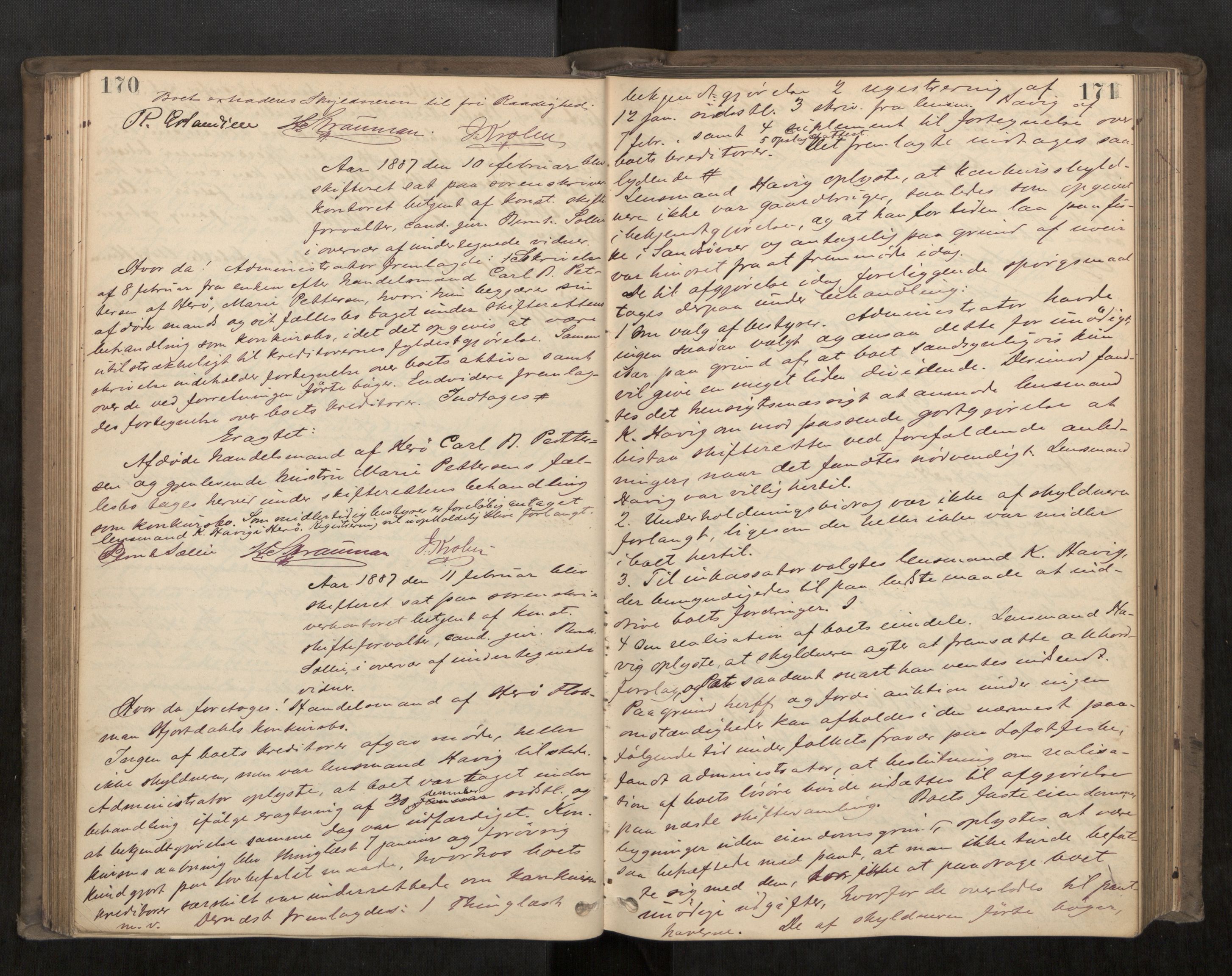 Søndre Helgeland sorenskriveri, AV/SAT-A-4575/1/3/3B/L0003: Skiftebehandlingsprotokoll, 1885-1889, p. 170-171