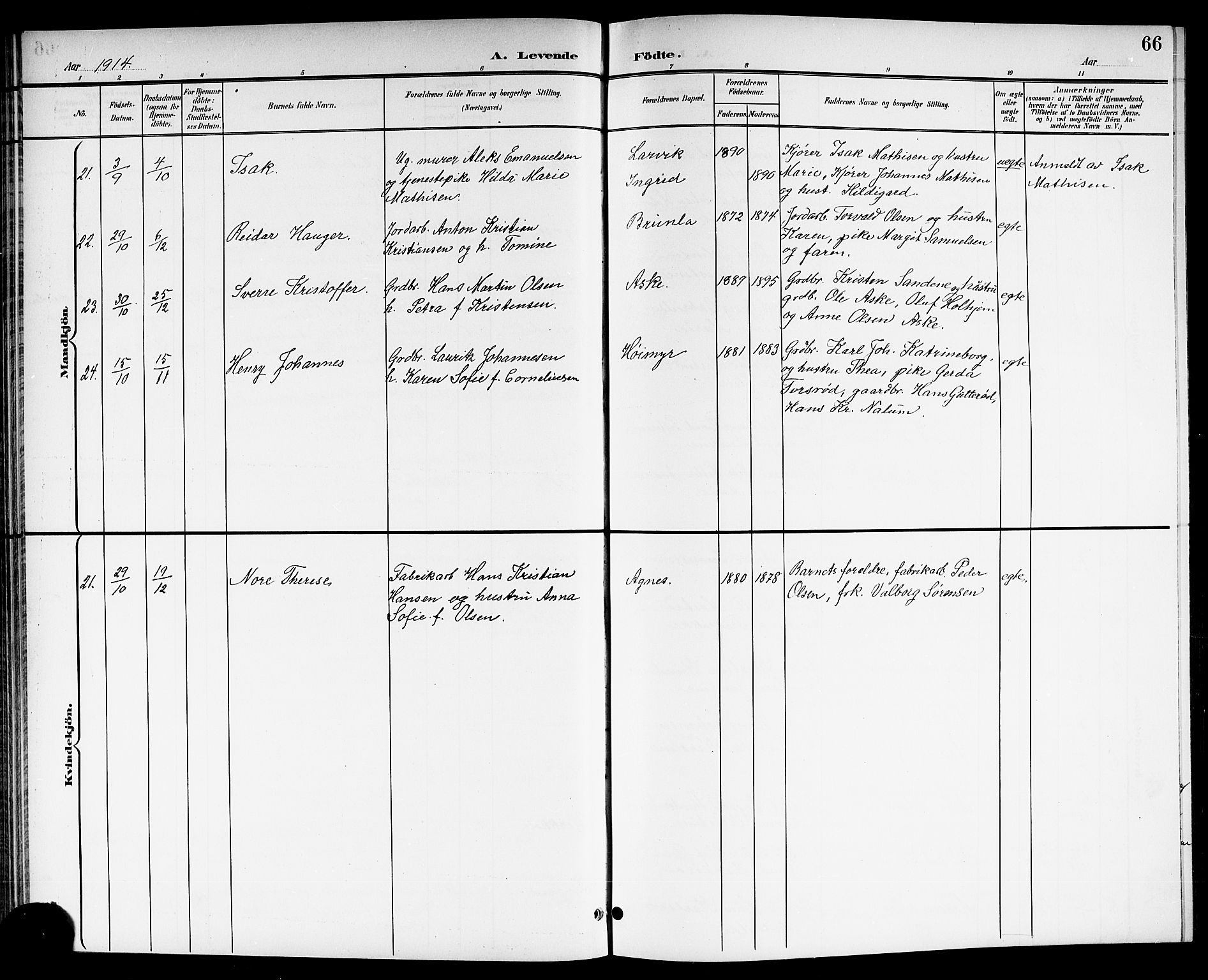 Brunlanes kirkebøker, AV/SAKO-A-342/G/Ga/L0004: Parish register (copy) no. I 4, 1898-1921, p. 66