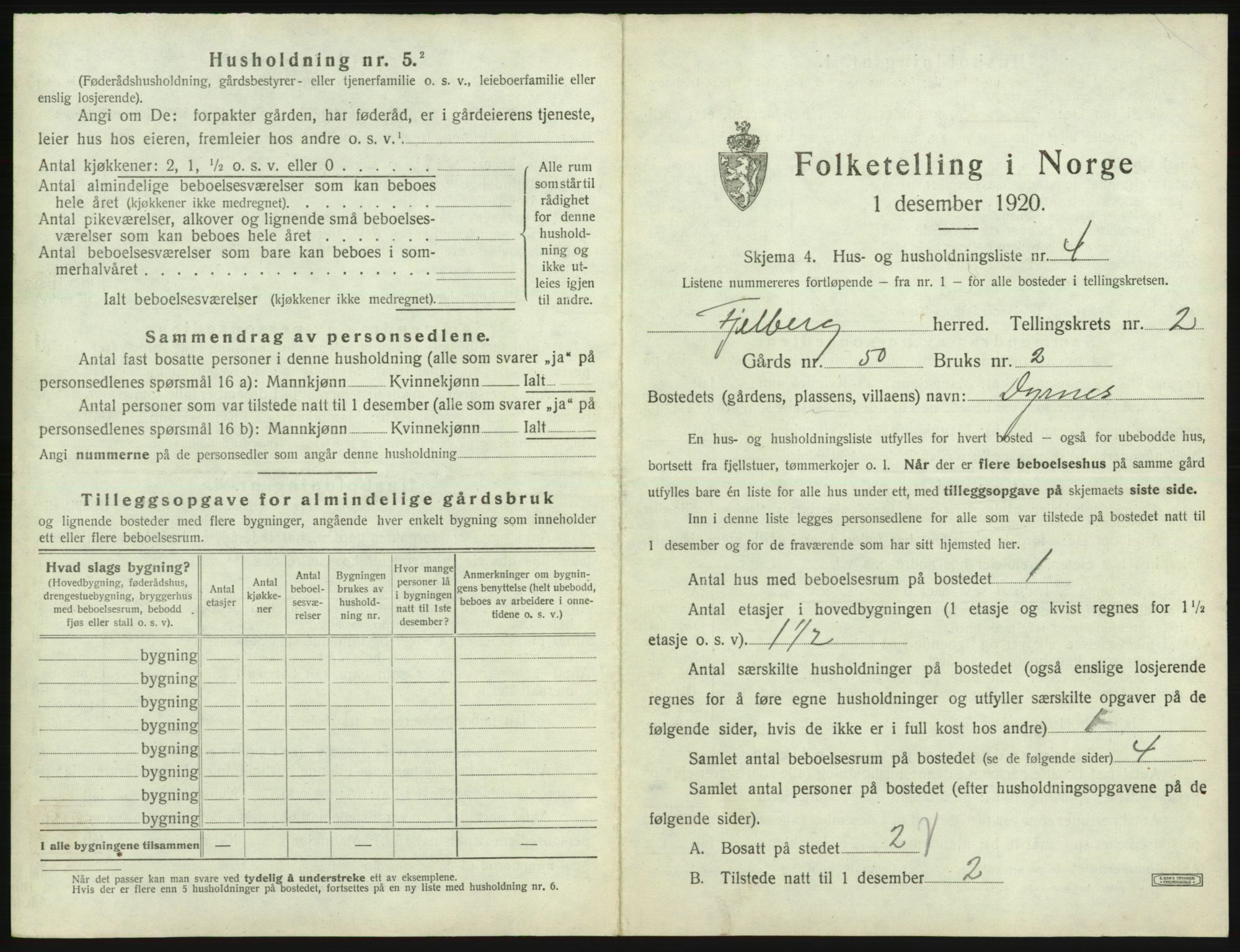 SAB, 1920 census for Fjelberg, 1920, p. 84