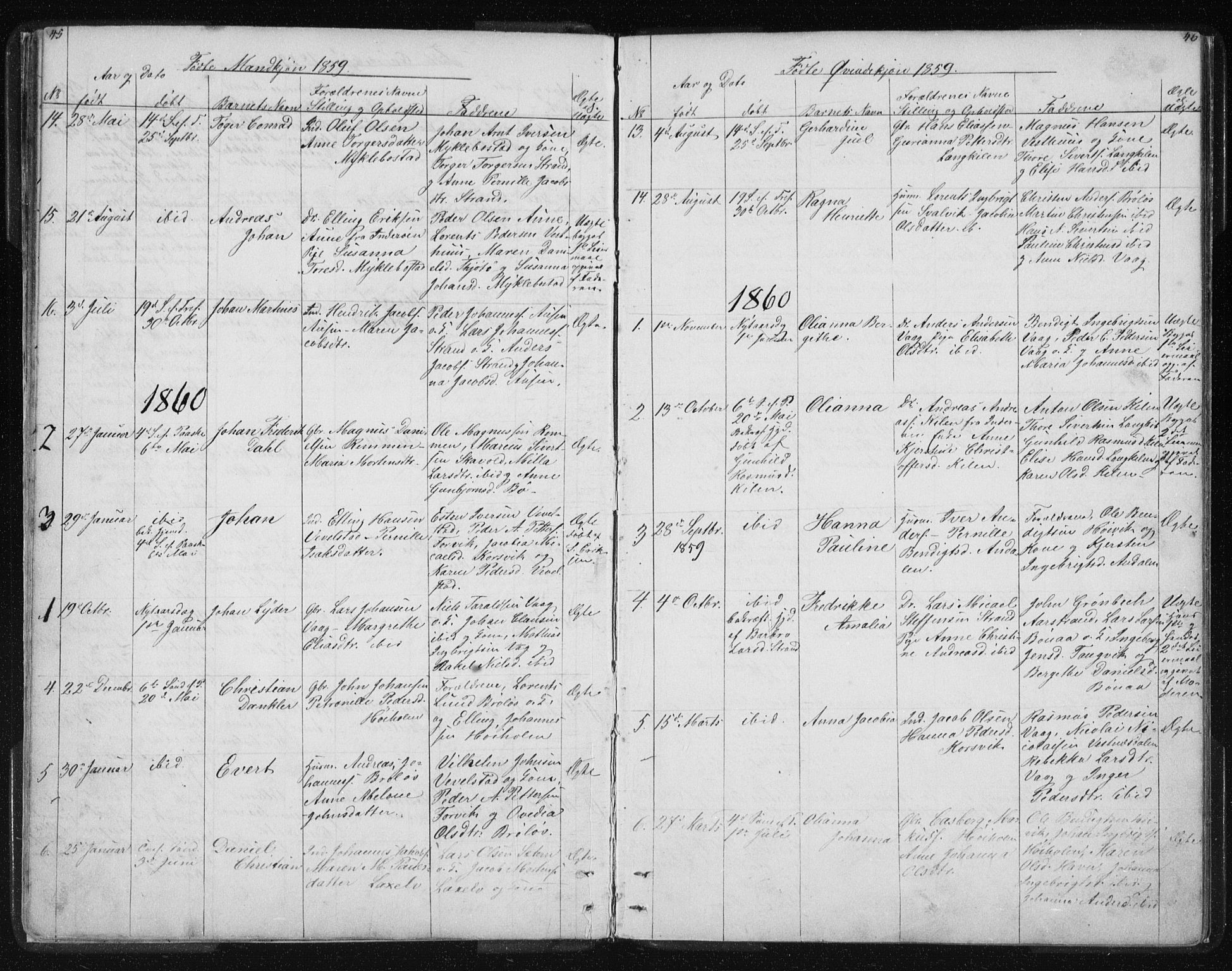 Ministerialprotokoller, klokkerbøker og fødselsregistre - Nordland, AV/SAT-A-1459/819/L0275: Parish register (copy) no. 819C01, 1841-1868, p. 45-46