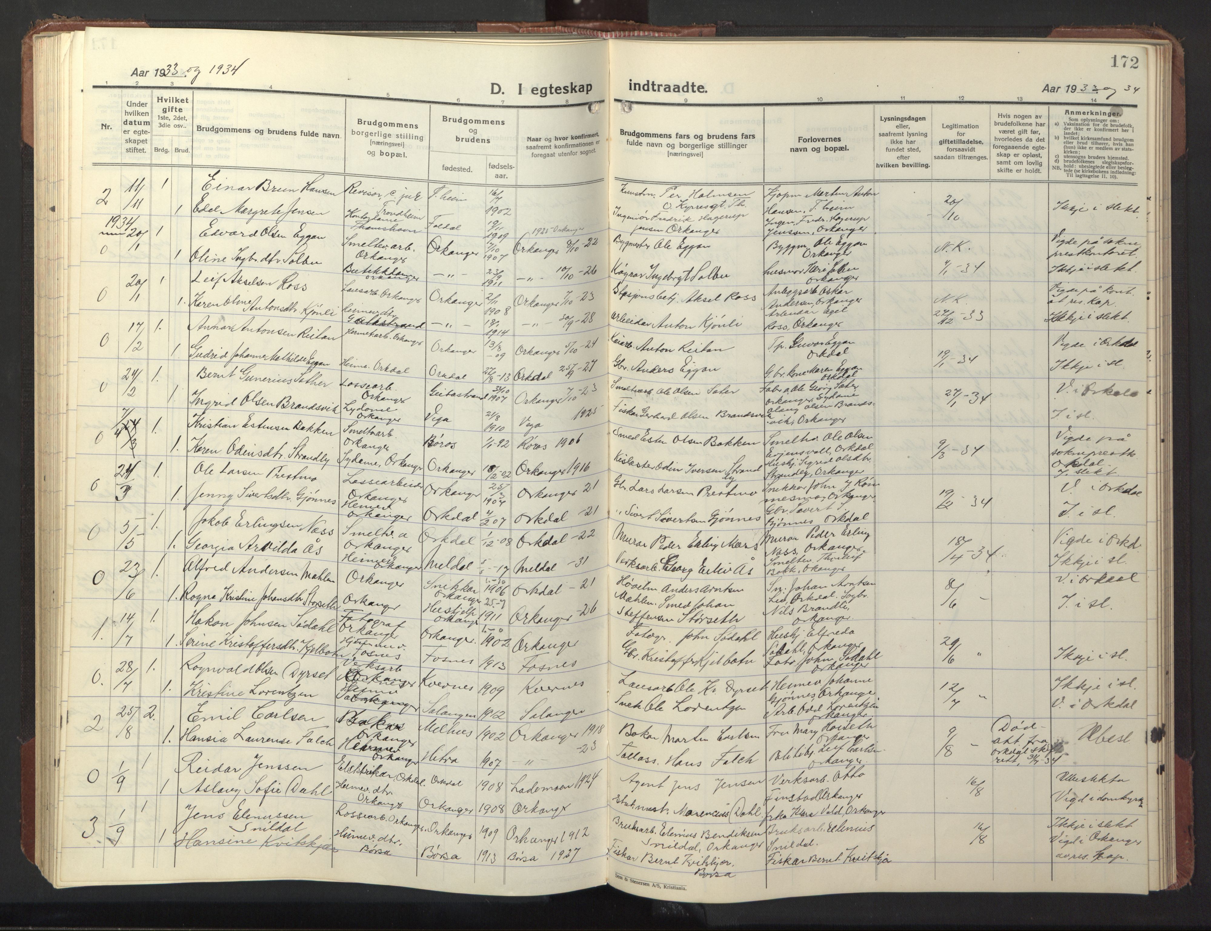 Ministerialprotokoller, klokkerbøker og fødselsregistre - Sør-Trøndelag, SAT/A-1456/669/L0832: Parish register (copy) no. 669C02, 1925-1953, p. 172