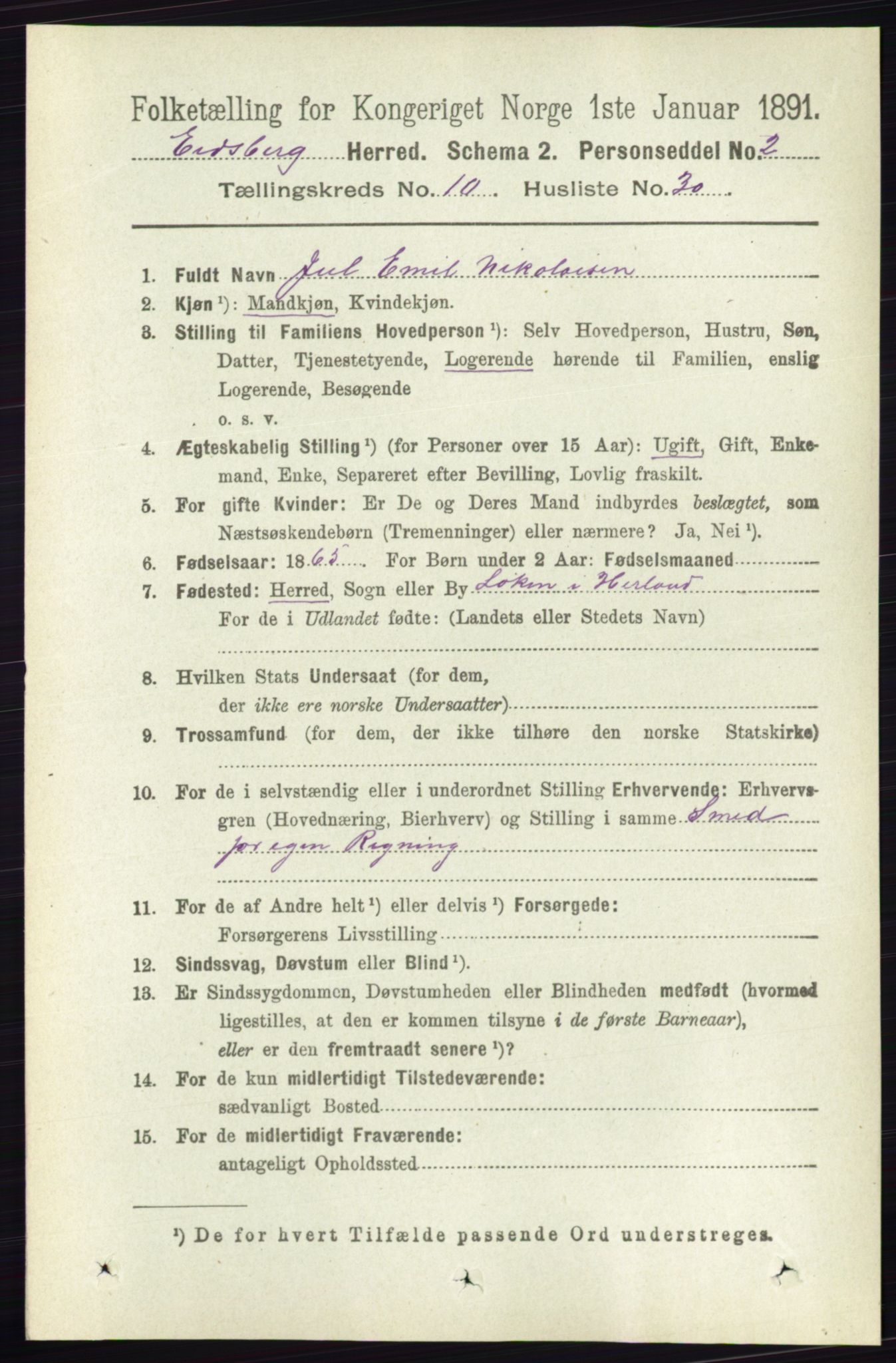 RA, 1891 census for 0125 Eidsberg, 1891, p. 5844